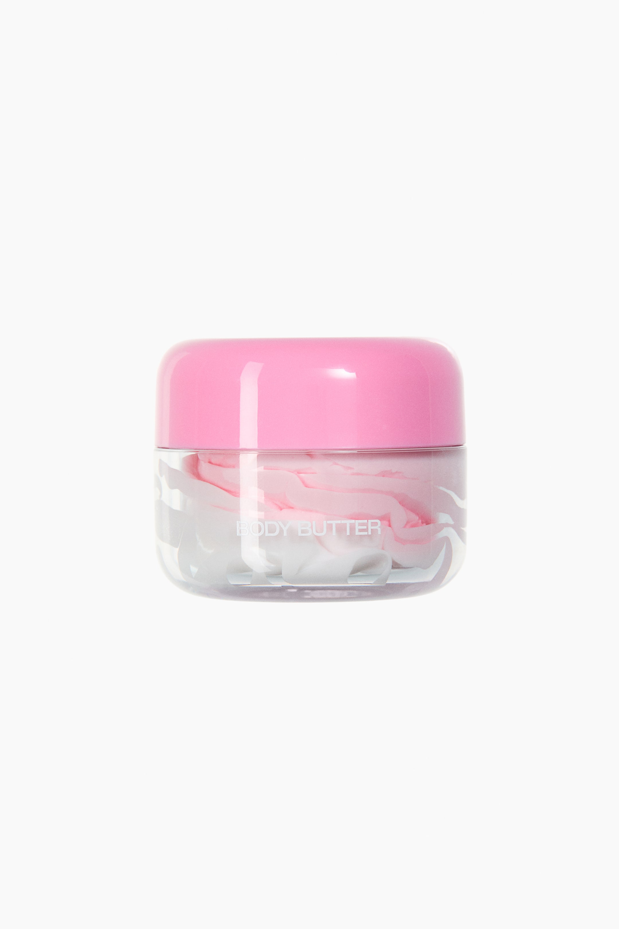 View larger image: A clear jar of body butter is facing forward, displaying a swirled pink-and-white cream formula inside. The jar features a glossy, rounded pink lid and shows the text "BODY BUTTER" printed in white on the front.