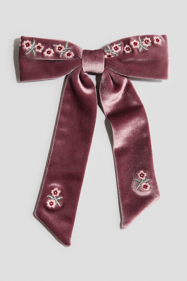 Pasador con lazo bordado - Rosa empolvado/Flores - 1