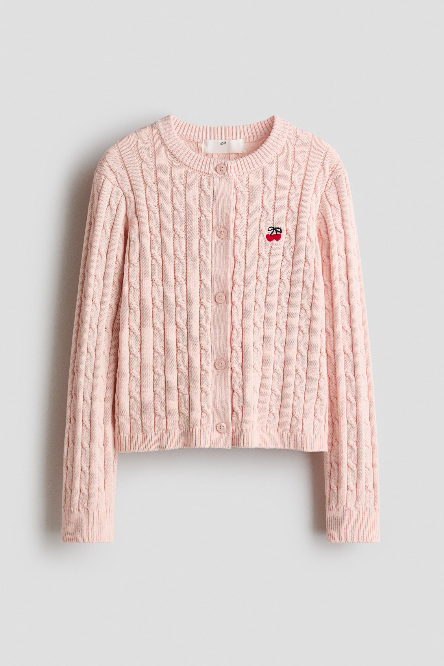 Cable-Knit Cardigan - Light pink/cherries/Light beige/striped