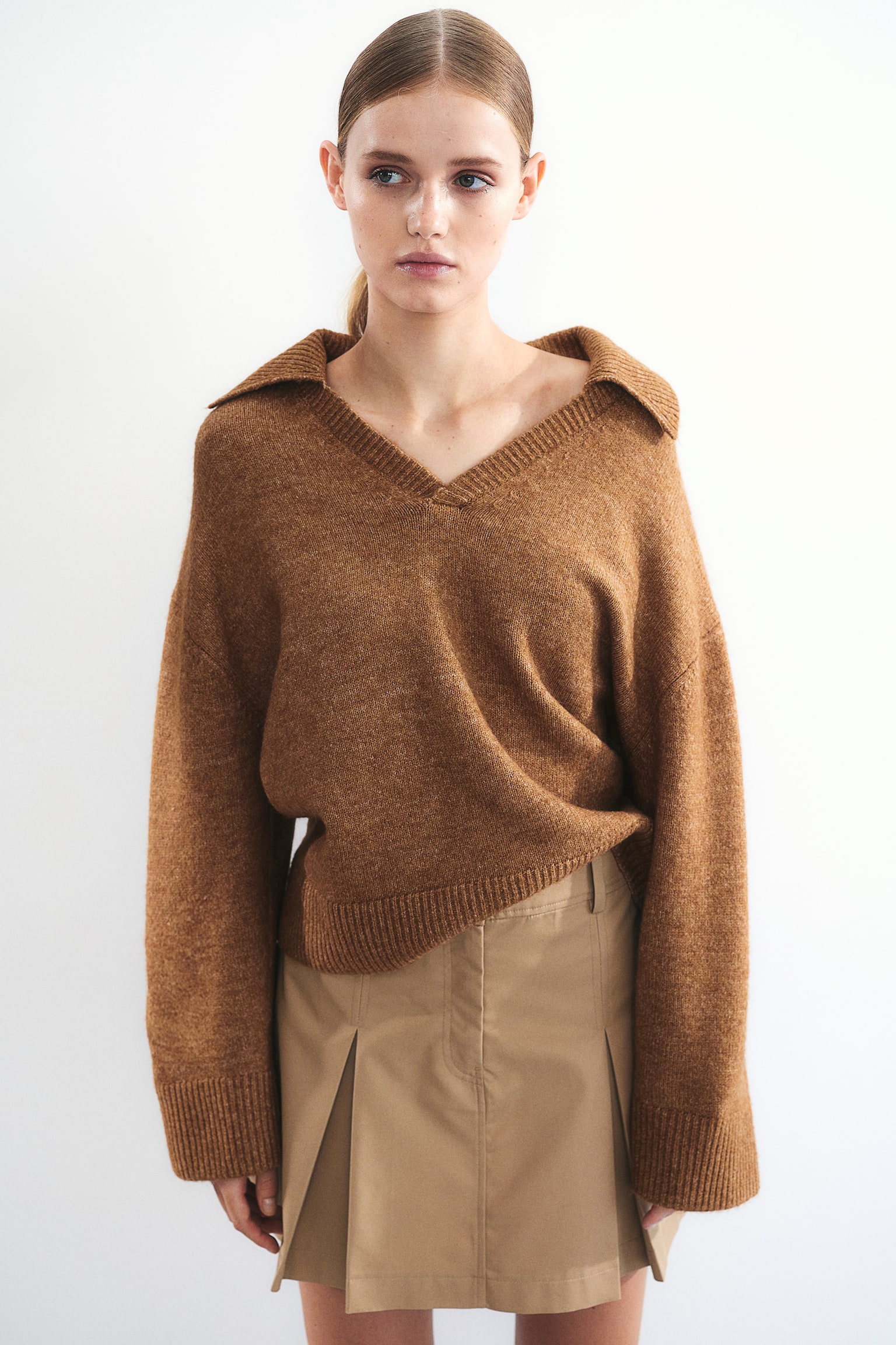 Collared fine-knit jumper - Brown marl/Cream/Grey marl - 1