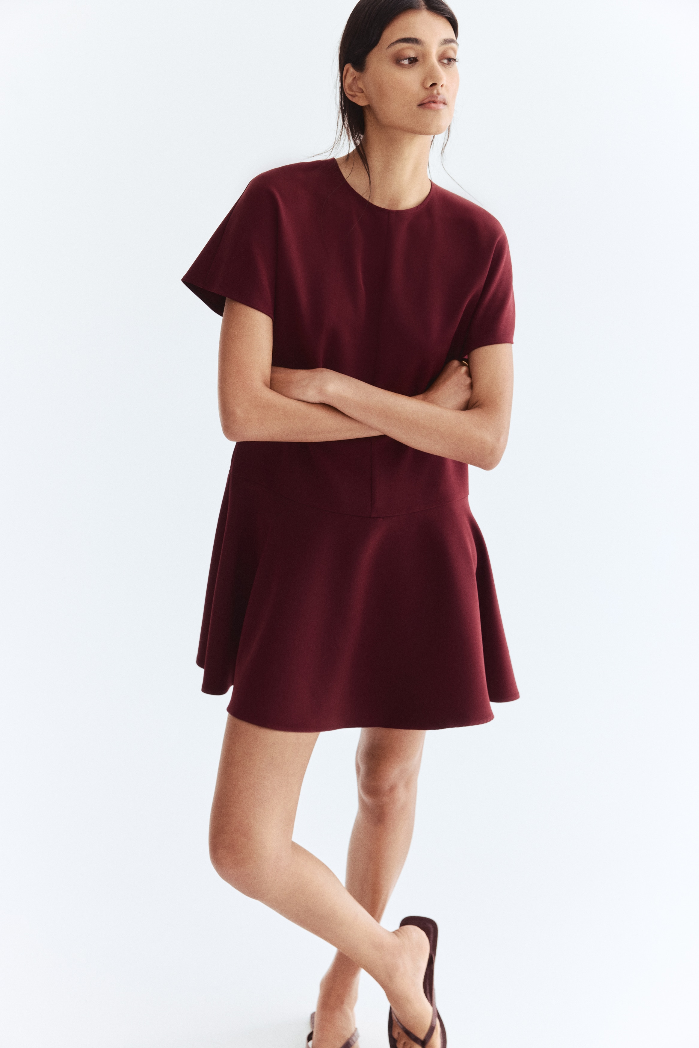 蝴蝶袖洋裝 - 酒紅色/紅色/奶油色