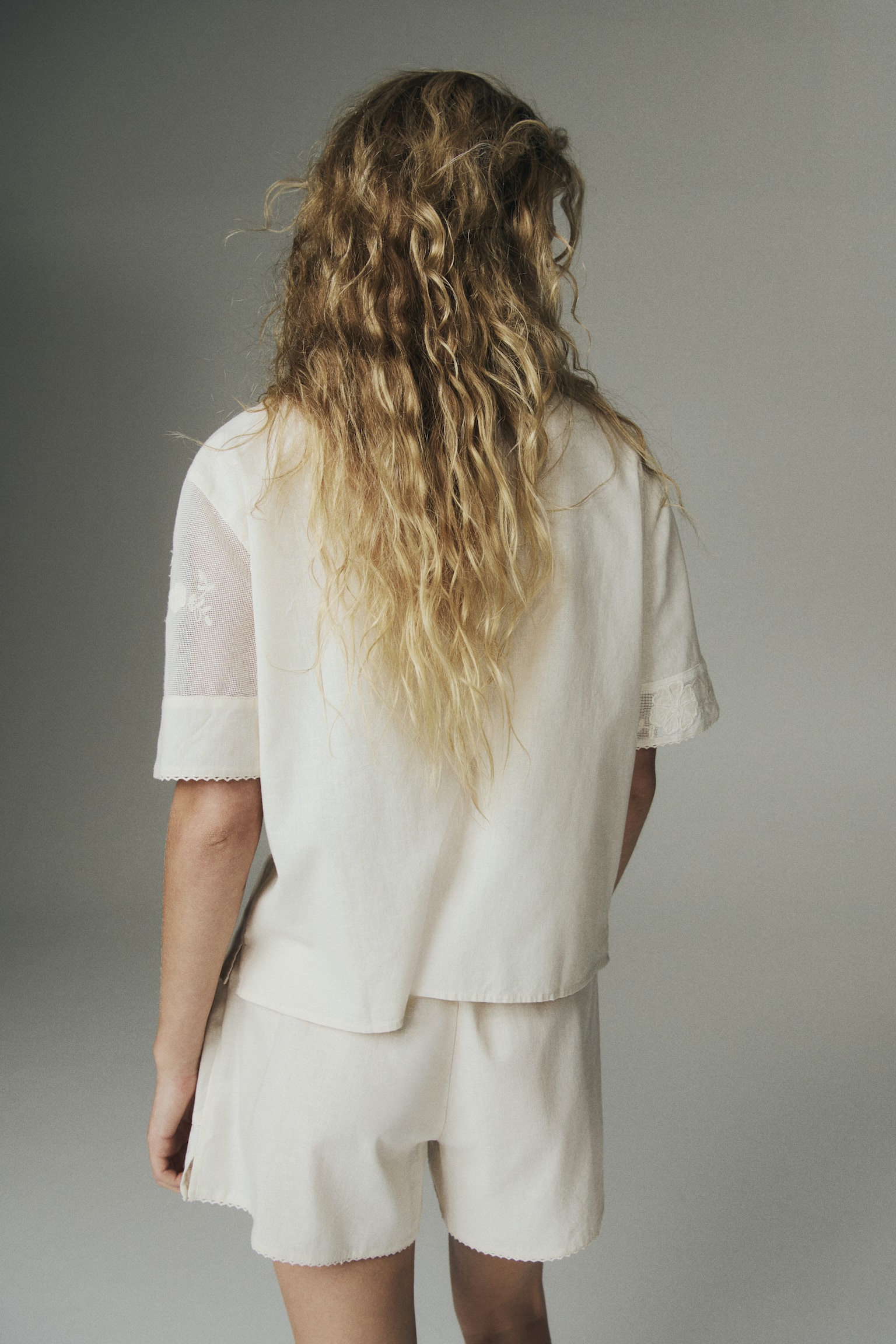 Linen-blend pyjama shirt - Light beige/Flowers - 6