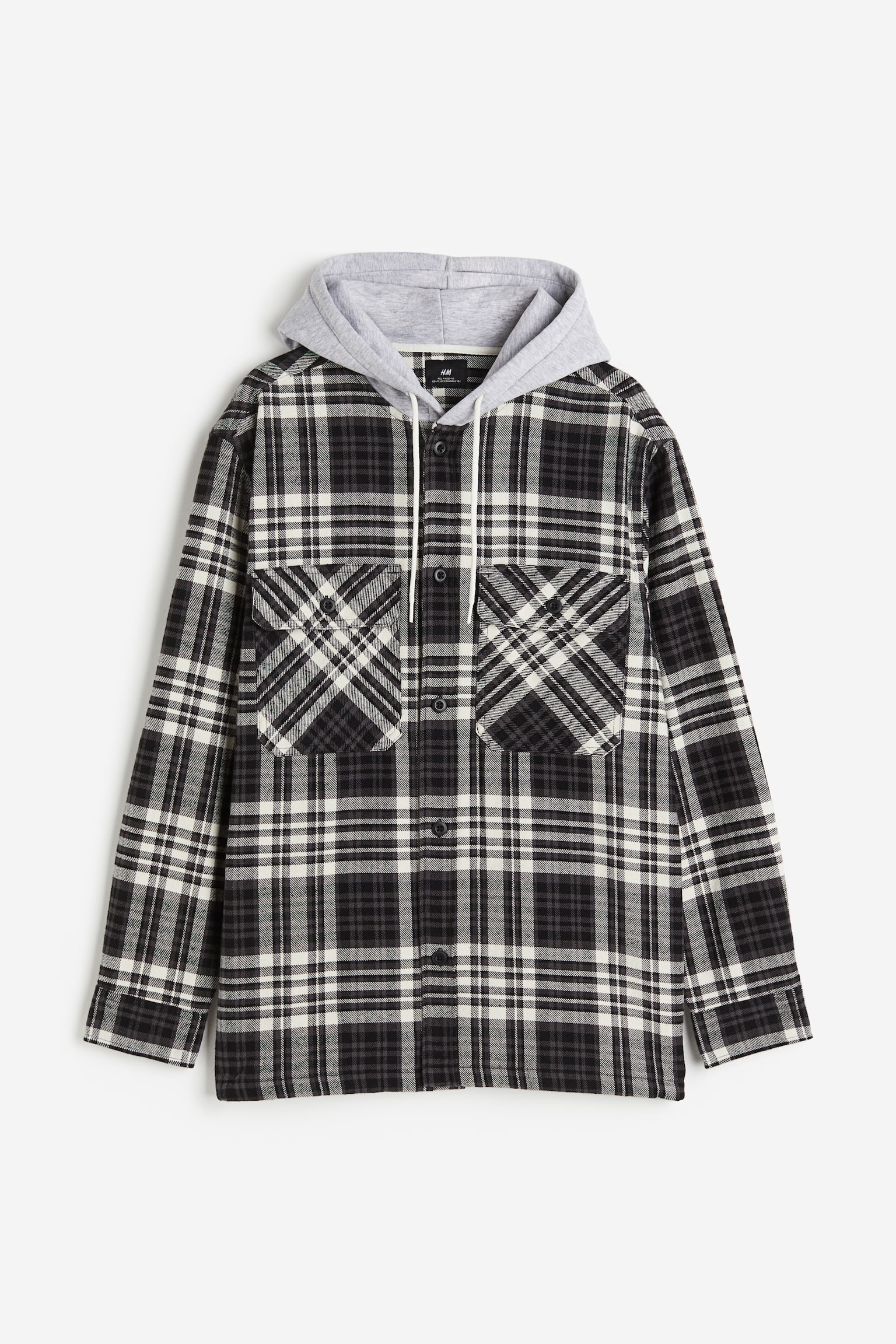 Relaxed Fit Hooded Overshirt - Dark grey/Check/Beige/Blue - 1