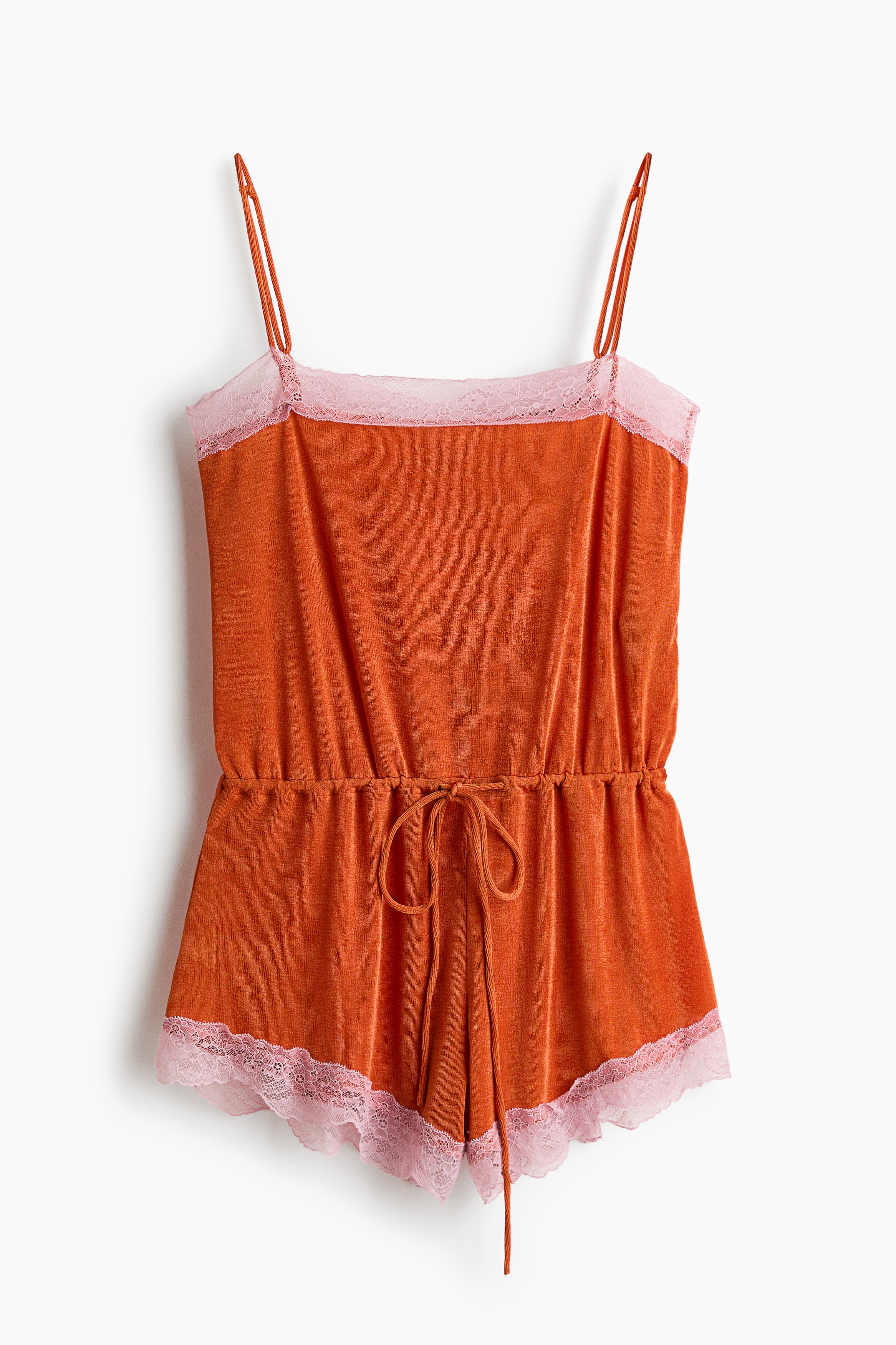 Lace-trimmed jersey playsuit - Dark orange/Light pink