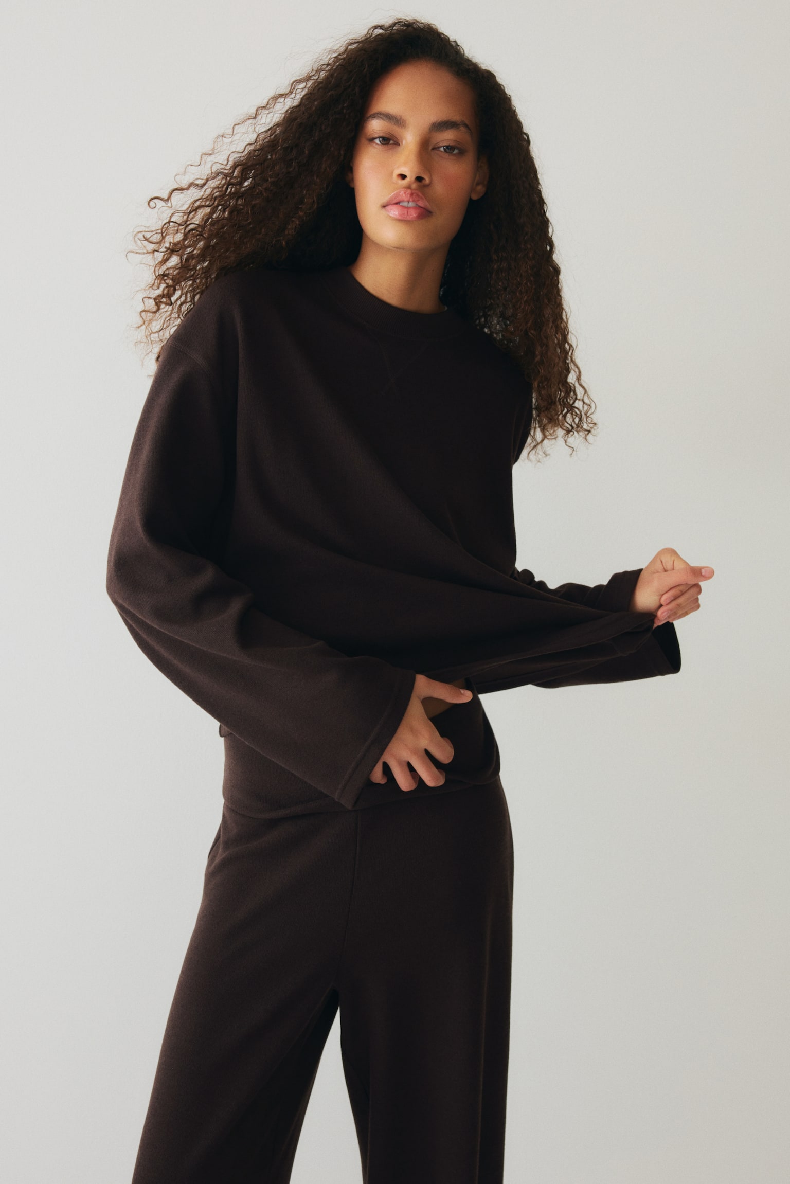 2-piece jersey top and trousers set - Dark brown/Light grey marl - 4