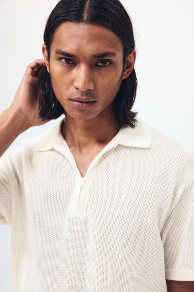 Regular-Fit Open-Knit Polo Shirt - Cream/Black/Dark khaki green - 4