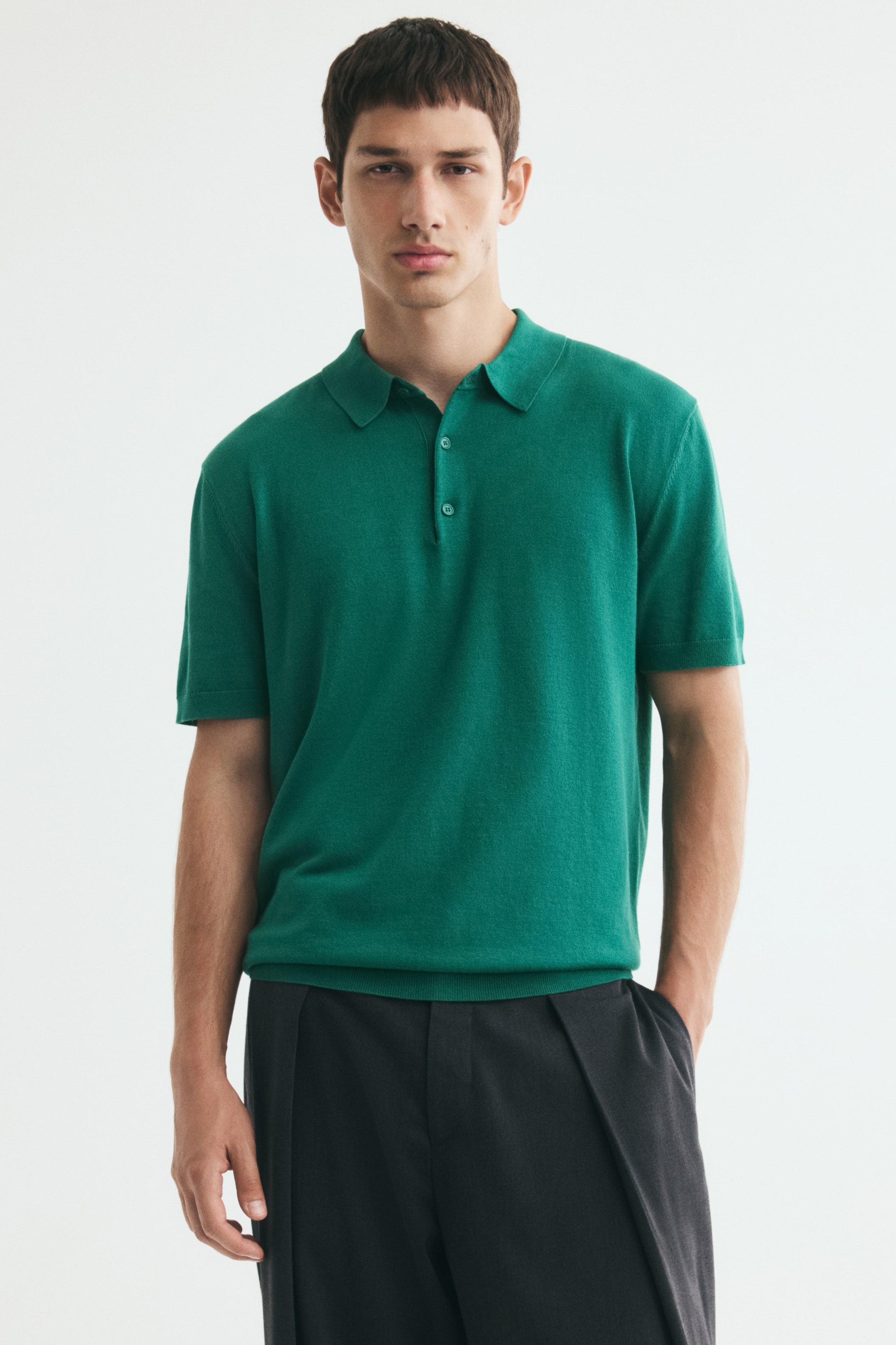 View larger image: A green knit polo shirt with a classic collar, button placket, and short sleeves is being worn by the model. The shirt features a ribbed hem and is paired with dark trousers.