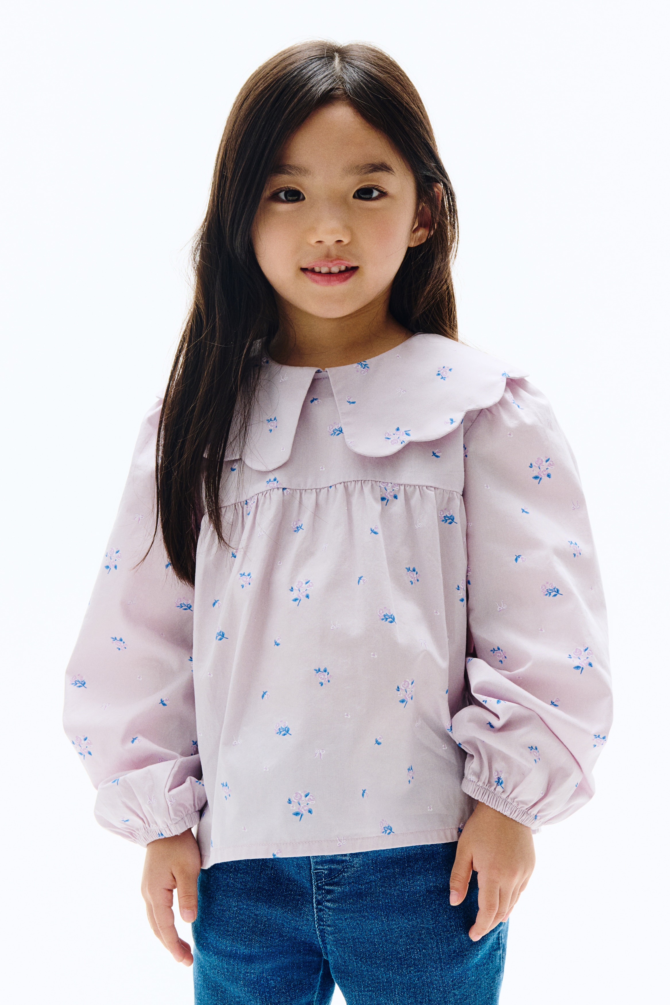 칼라 코튼 블라우스 - 라이트 퍼플/플로럴/화이트/플로럴