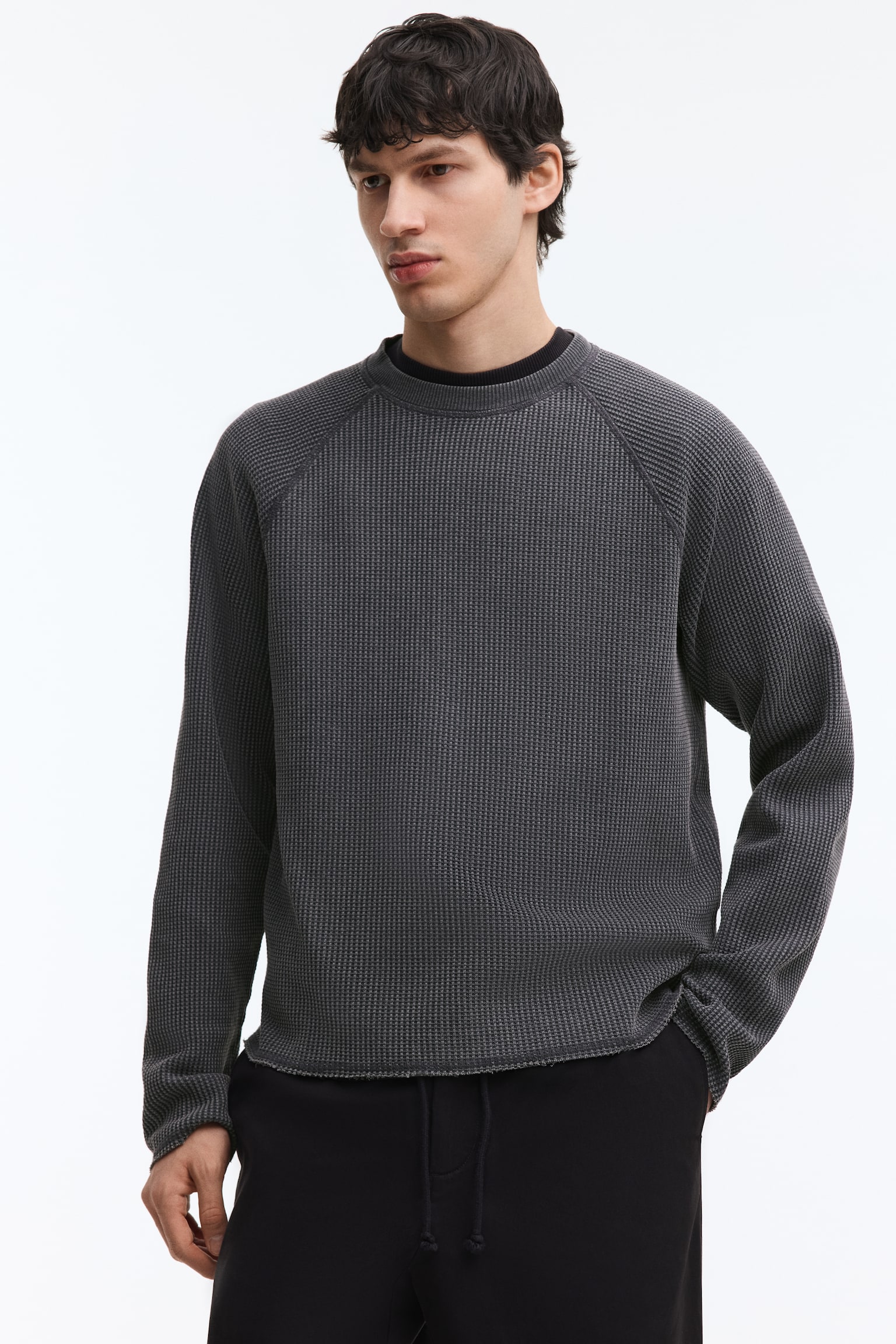 Regular Fit Long-sleeved waffled top - Dark grey - 2