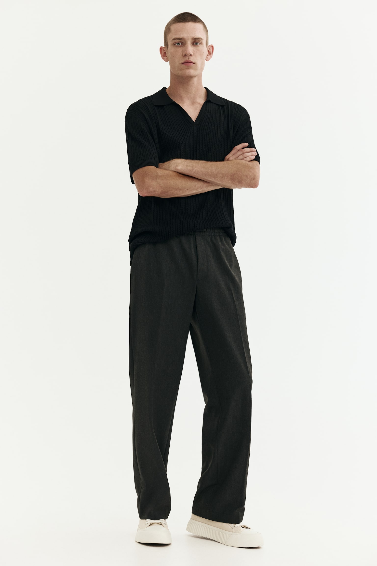 Regular Fit Cable-knit polo shirt - Black/Beige/White - 6