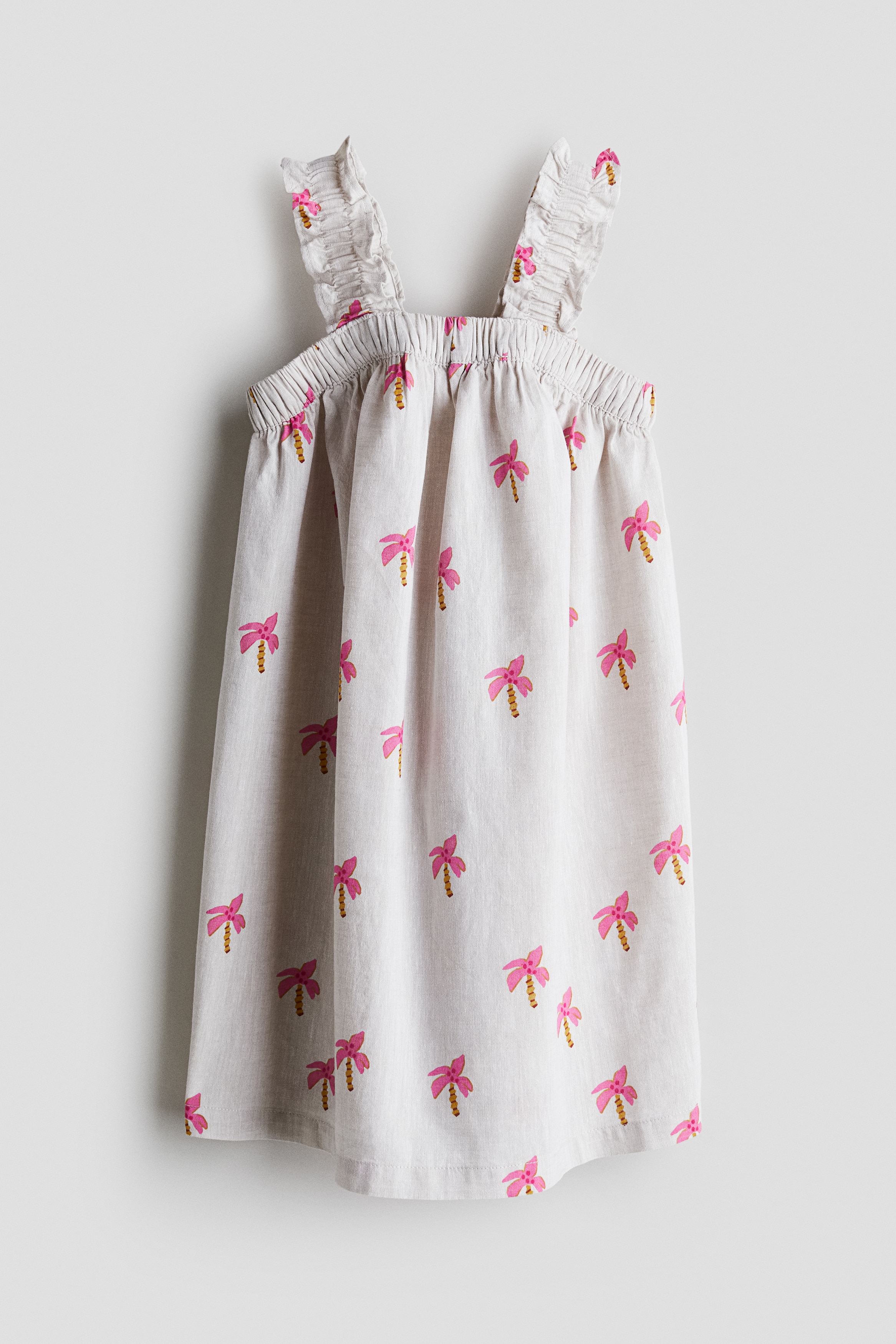 Kjole i linmiks - Hvit/Palmer/Rosa/Mørk grå