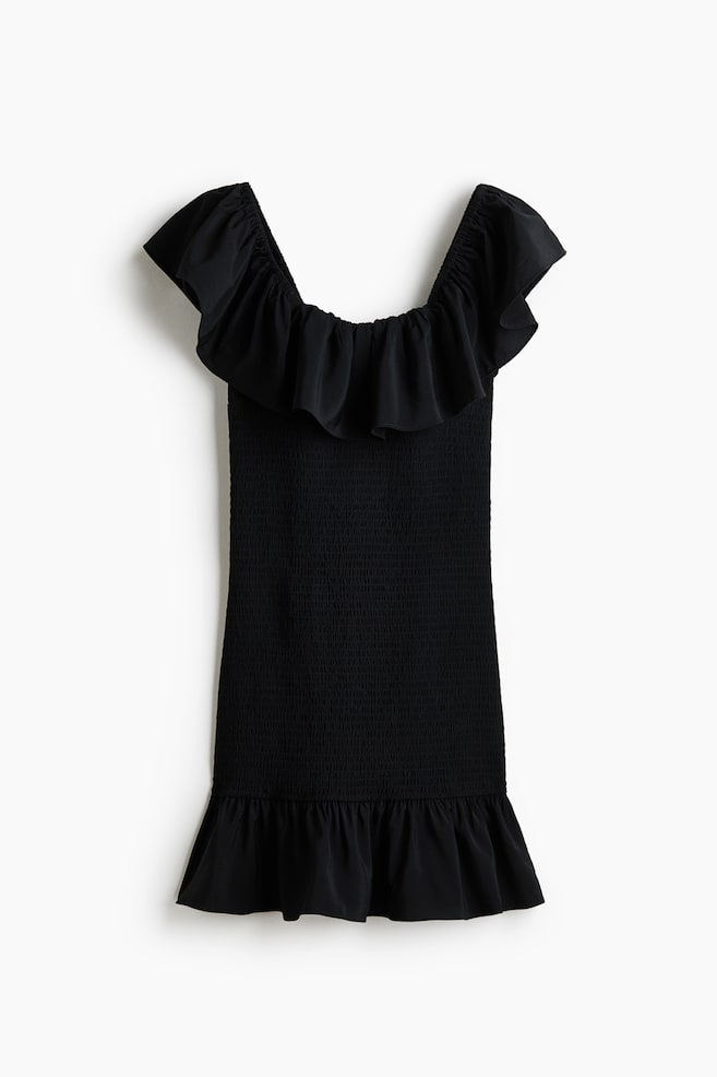 Flounced Off-the-Shoulder Dress - Black/Light purple/Rust brown - 1