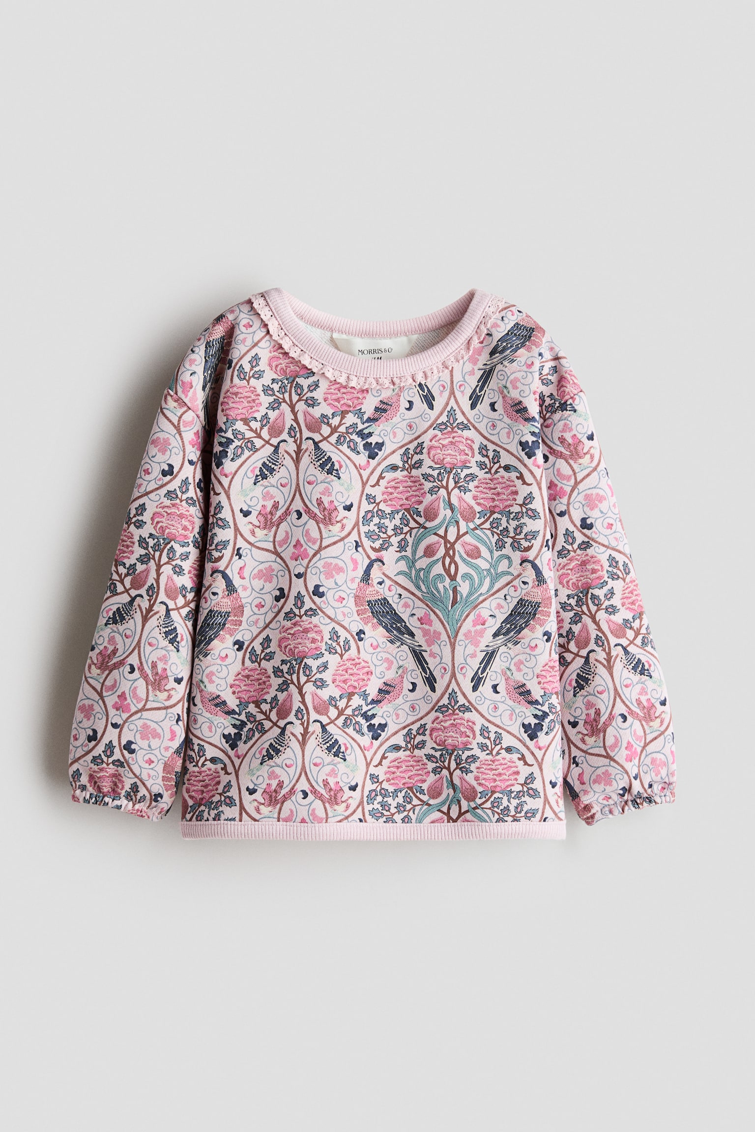 En rosa långärmad tröja visas framifrån, med ett intrikat heltryck av fåglar och blommor i rosa, blå och gröna nyanser. Tröjan är designad med rund halsringning prydd med en fin scallad kant, nedhasade axlar, elastiska ärmslut och ribbad nederkant. - 1