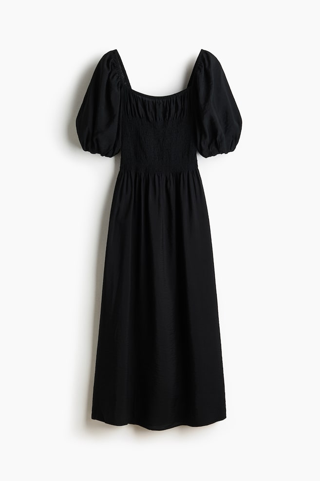 Smocked-waist dress - Black/Light beige/Floral - 1