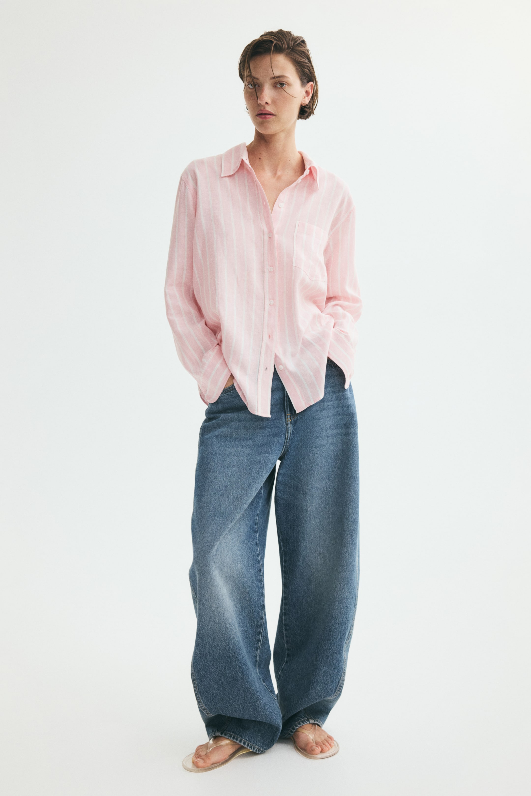View larger image: Linen-blend shirt - Light pink/Striped - Ladies | H&M IN 1