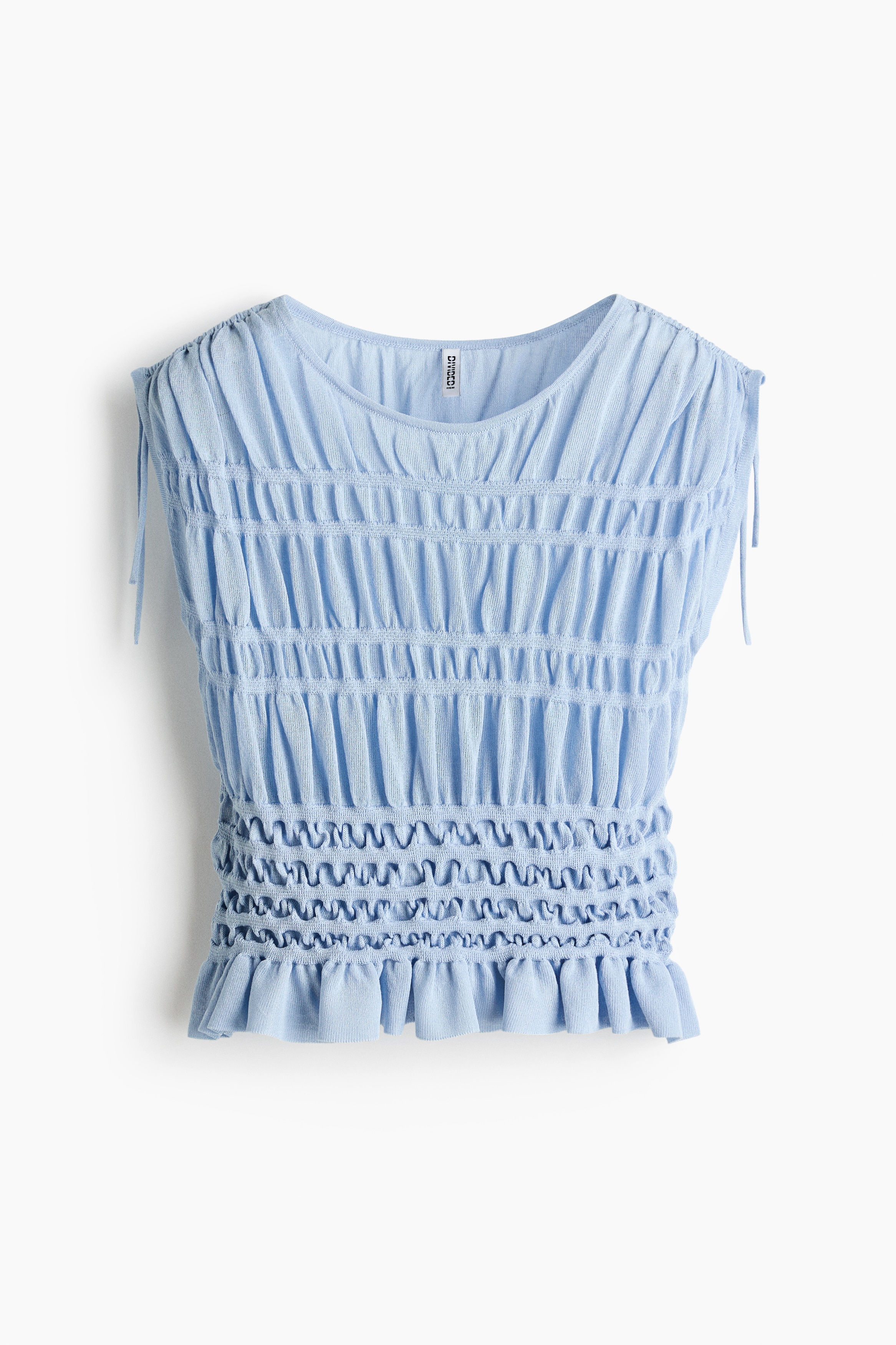 Smocked Fine-Knit Top - Light blue/Ivory