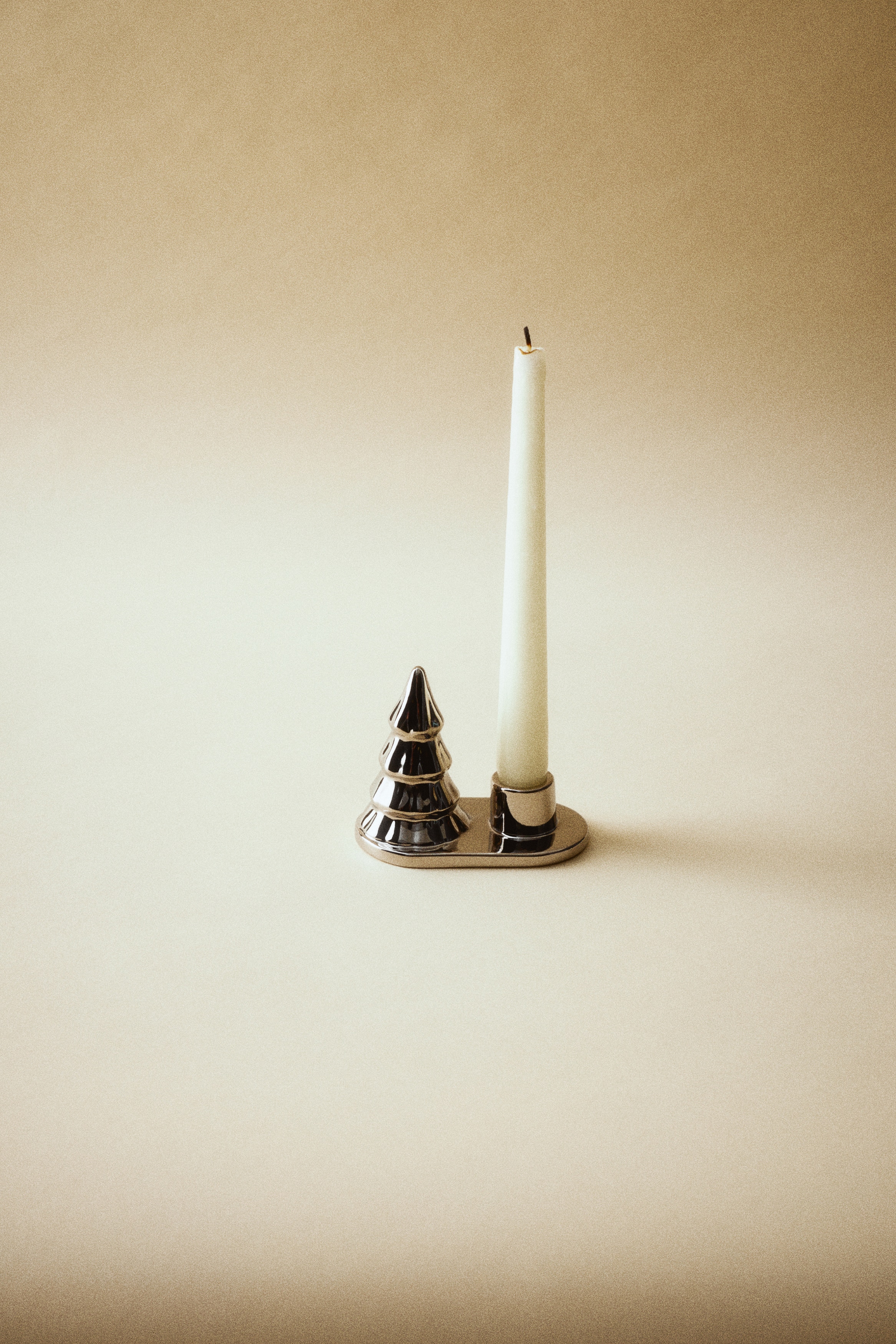 Stoneware Candlestick - Silver-colored/Green/tree/Silver-colored/White