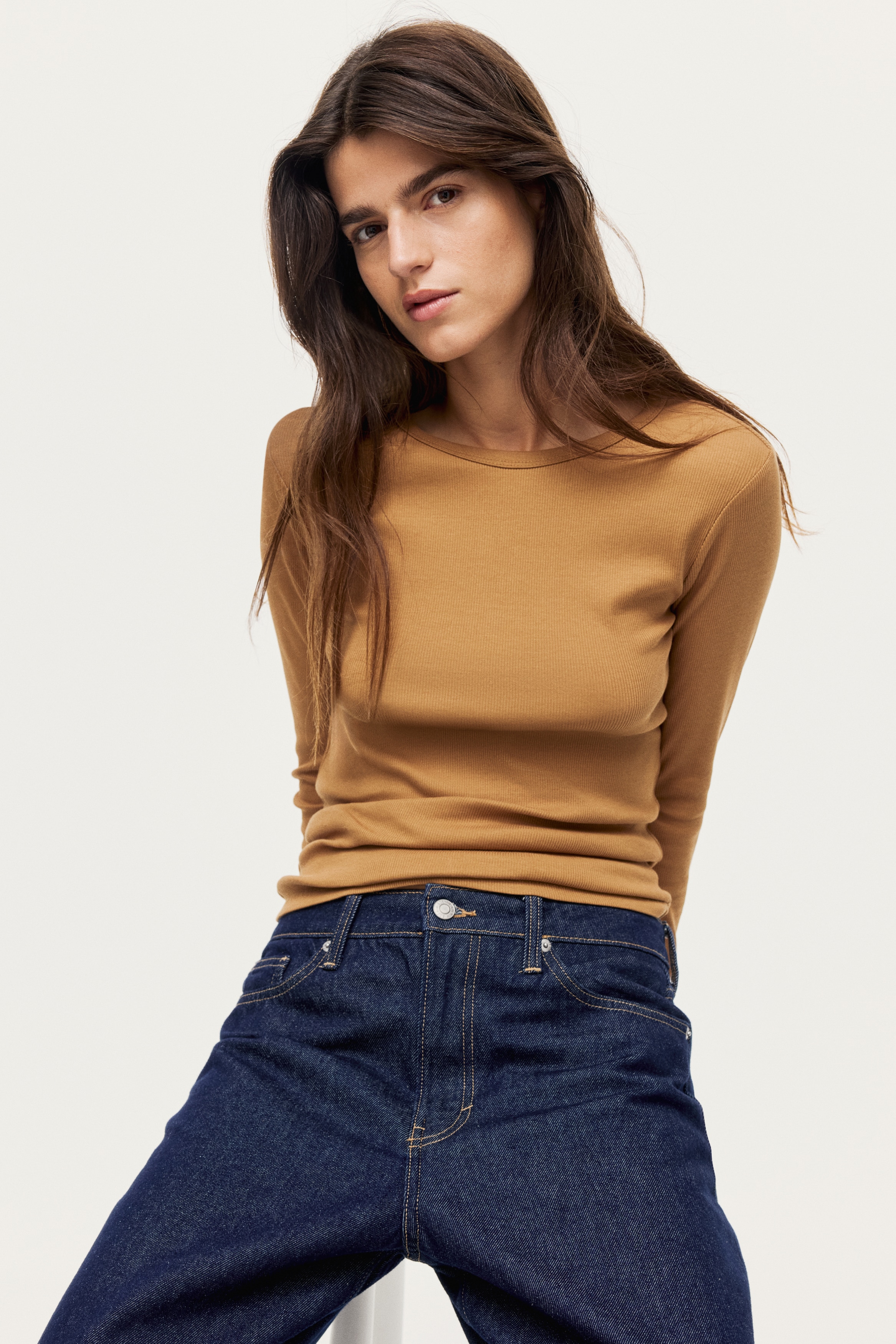 H & M - コットンリブトップス - ベージュ