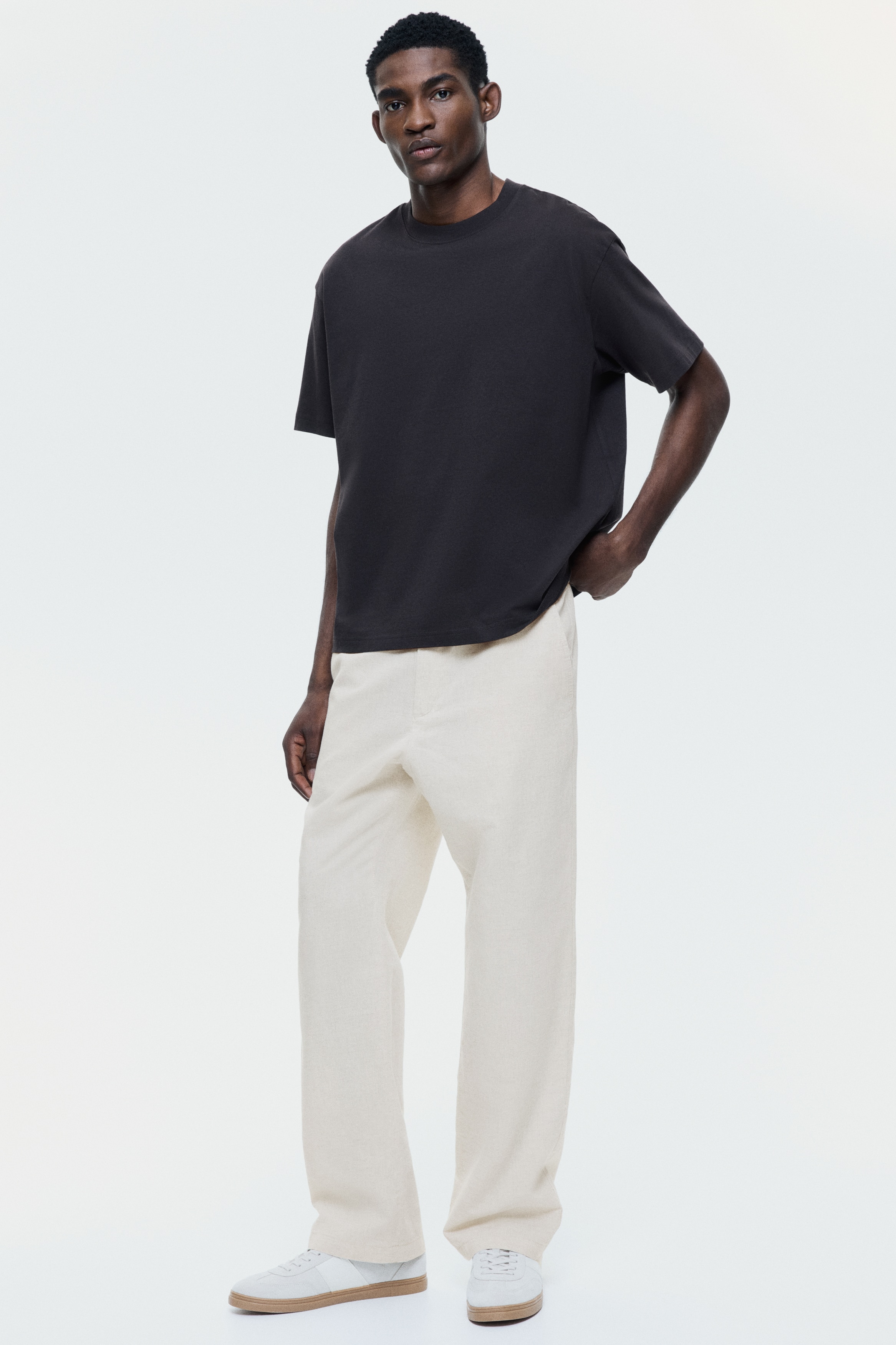 Quần dài linen pha Regular Fit - Màu be nhạt/Màu trắng