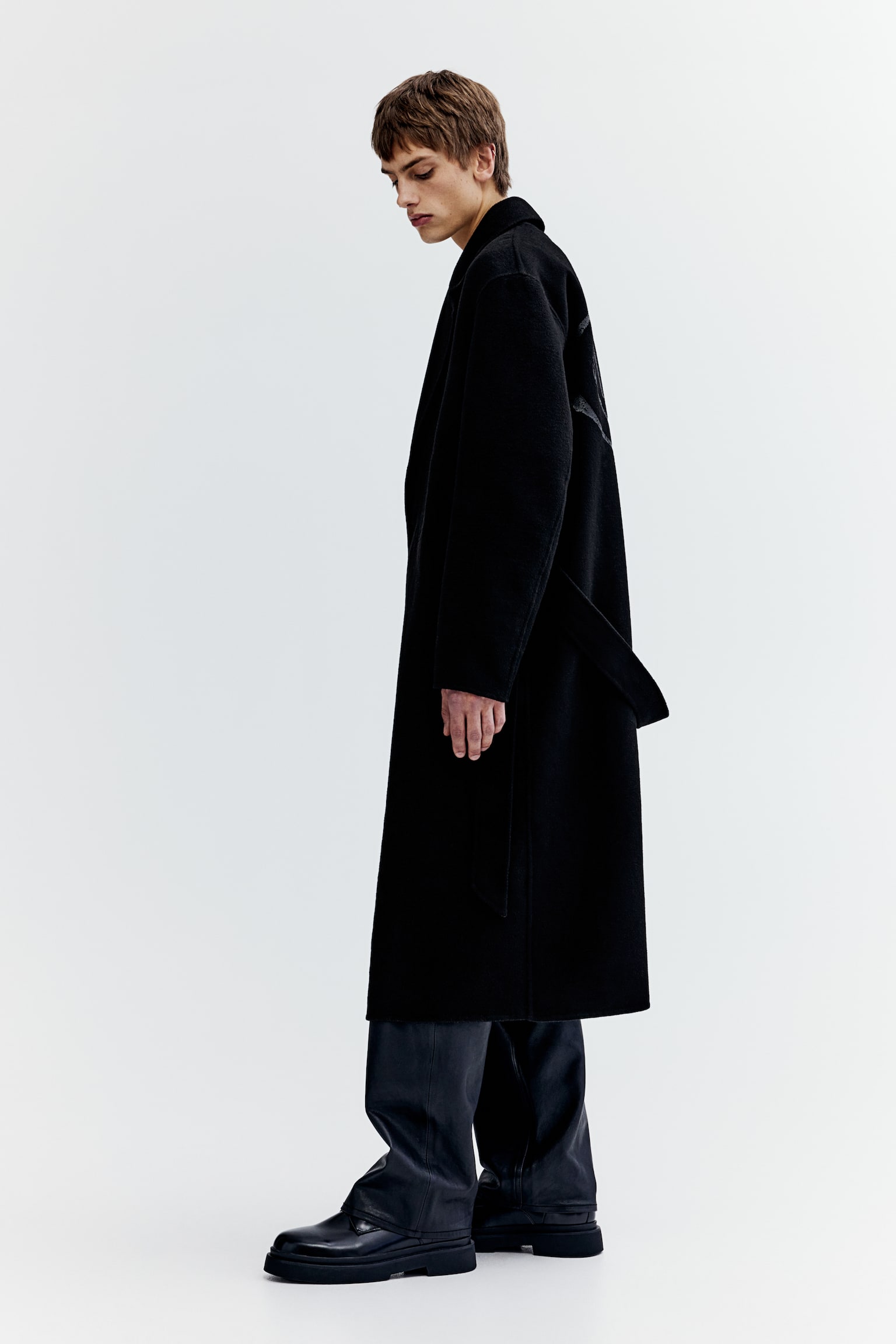 Loose Fit Wool Blend Tie Belt Coat - Black/Basquiat - 4