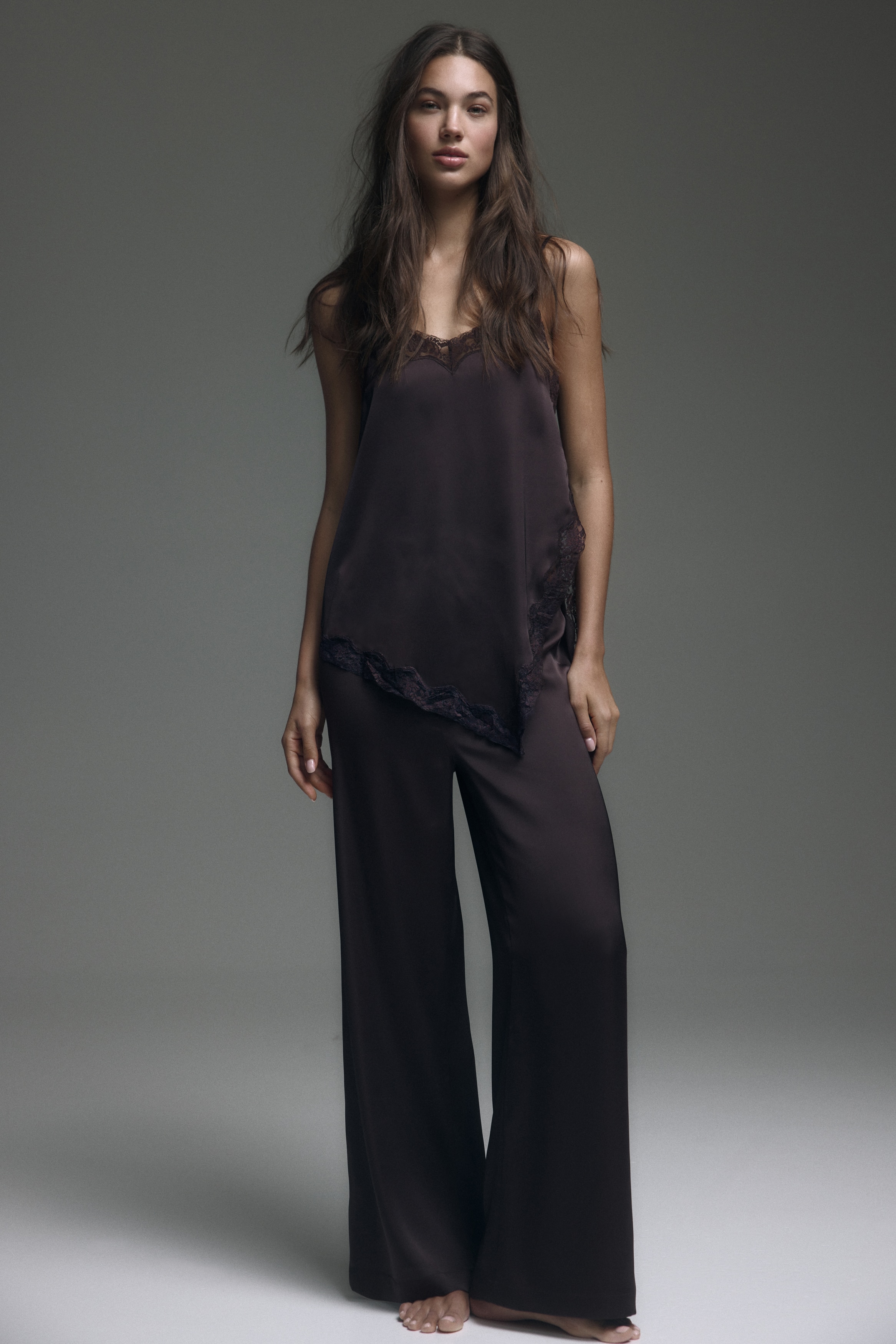 Pyjama en satin - Marron foncé/Crème/pois