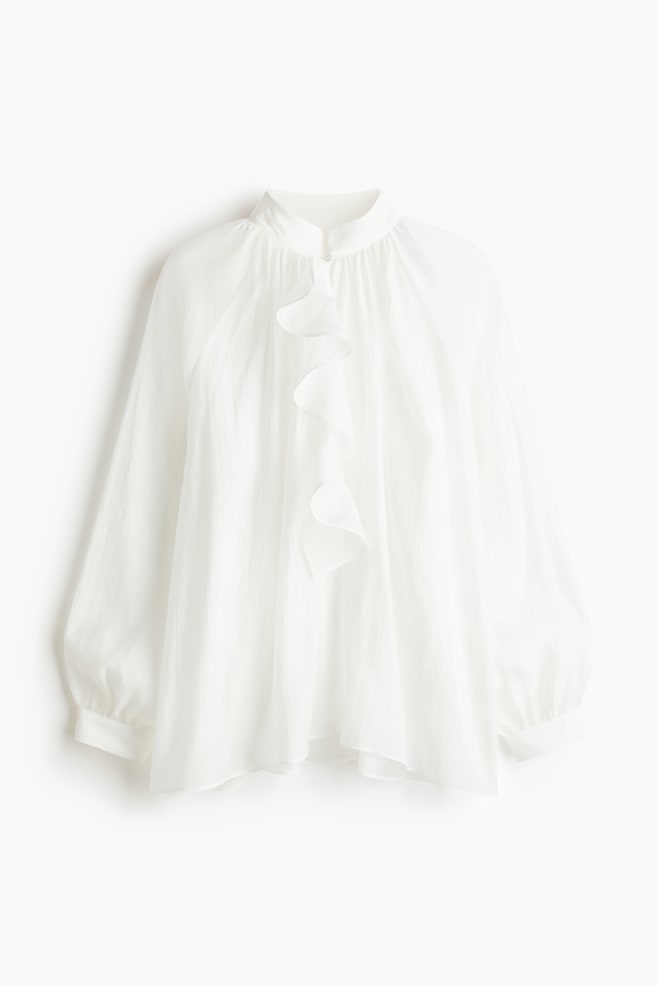 Flounced Lyocell-Blend Blouse - White/Bright blue - 1