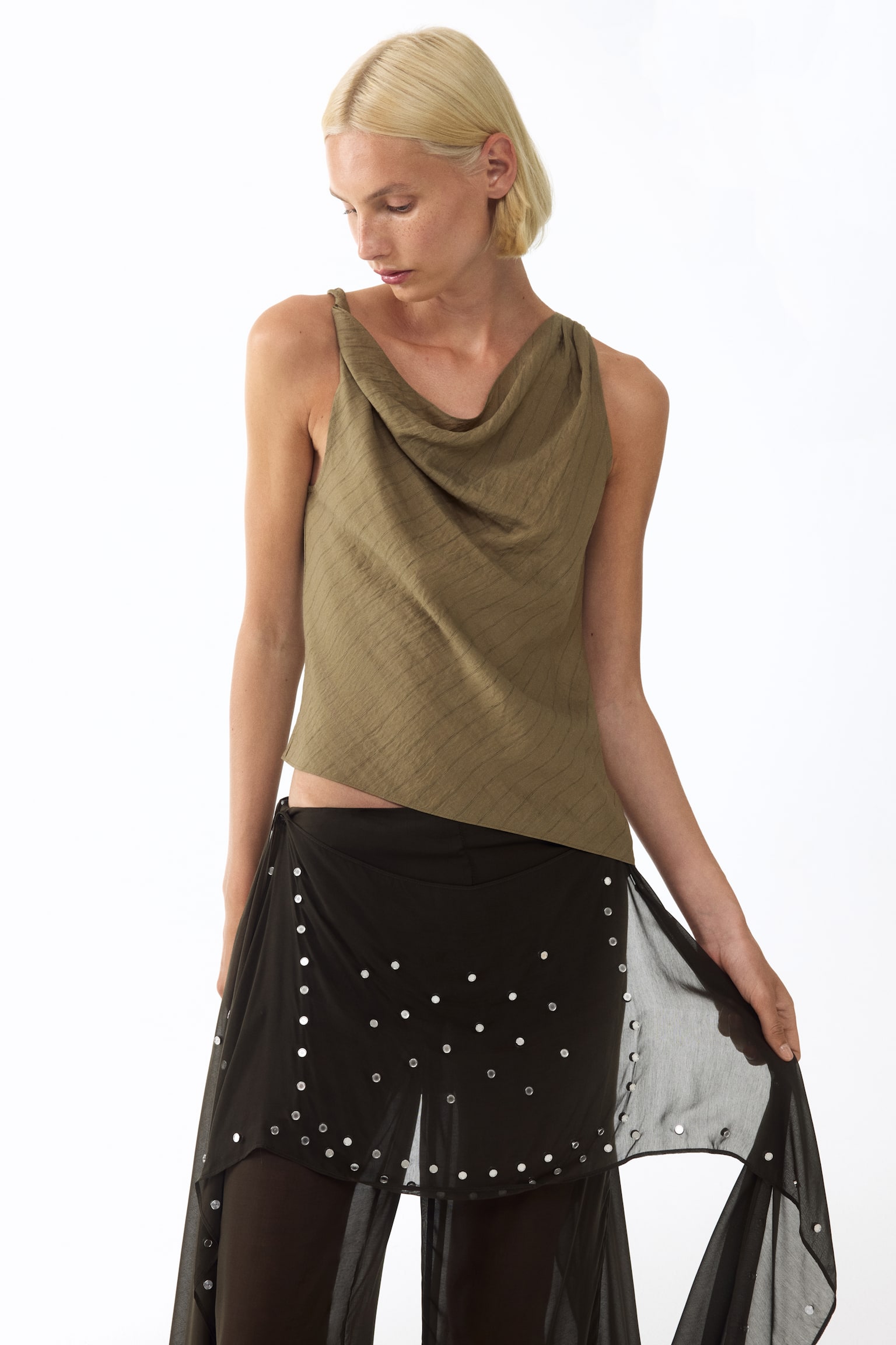 Asymmetric cowl-neck top - Khaki green/Striped/Dark beige/Tiger-stripes - 1