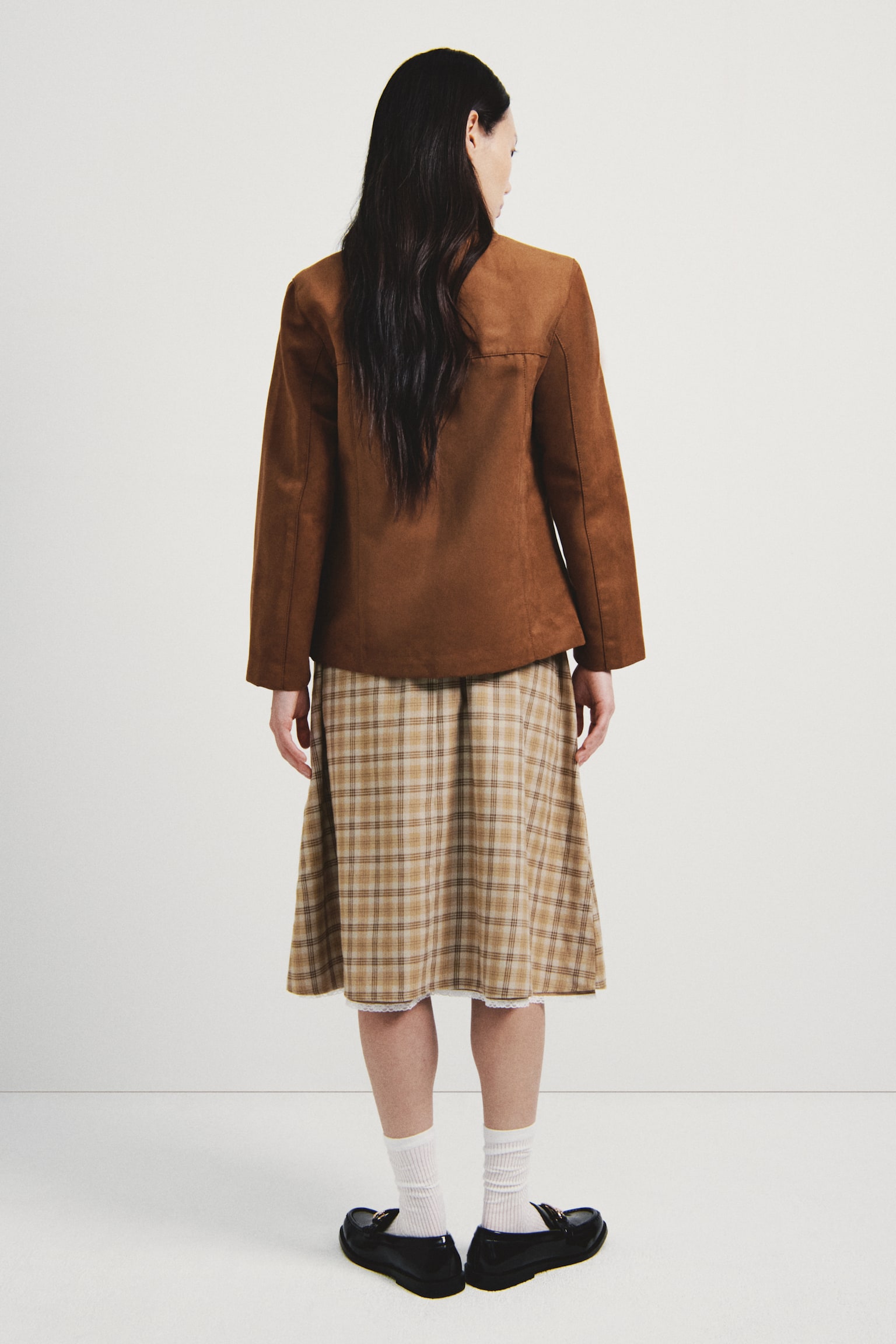 드로스트링 스커트 - 다크 베이지/체크 - 3