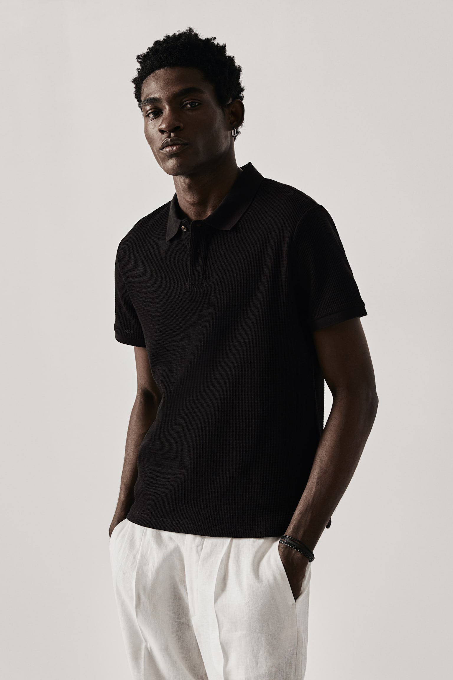 Slim Fit Waffled Polo Shirt - Black/Cream/Dark greige/Light blue - 6