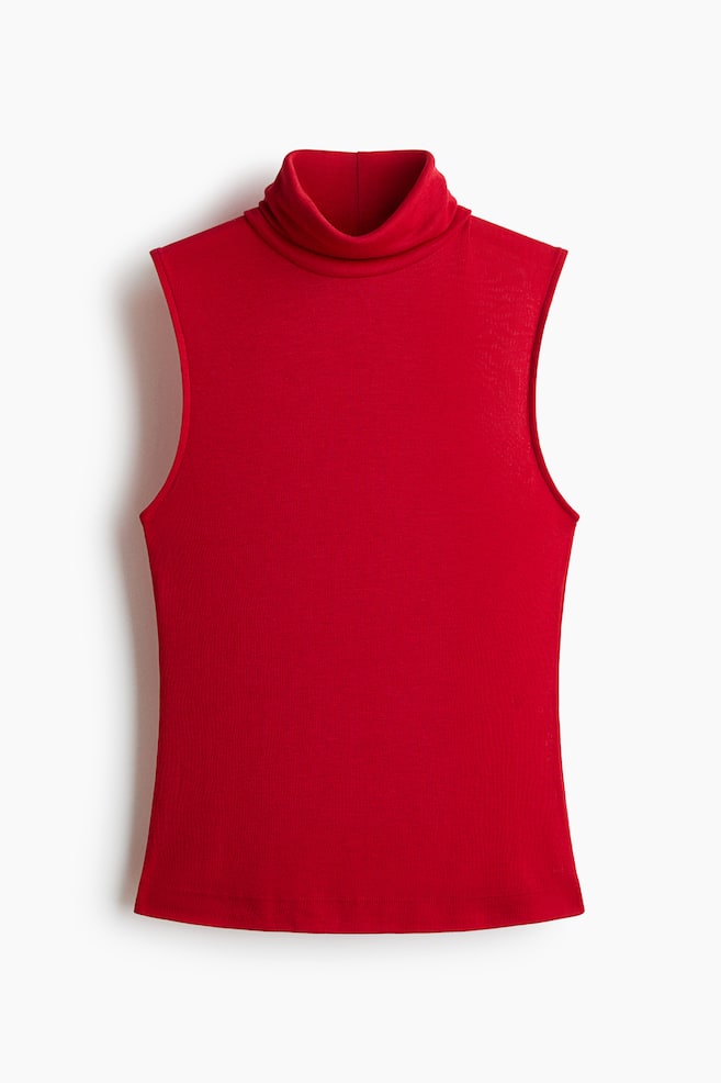 Fine-Knit Sleeveless Turtleneck Top - Red/Navy blue/Dark taupe - 1