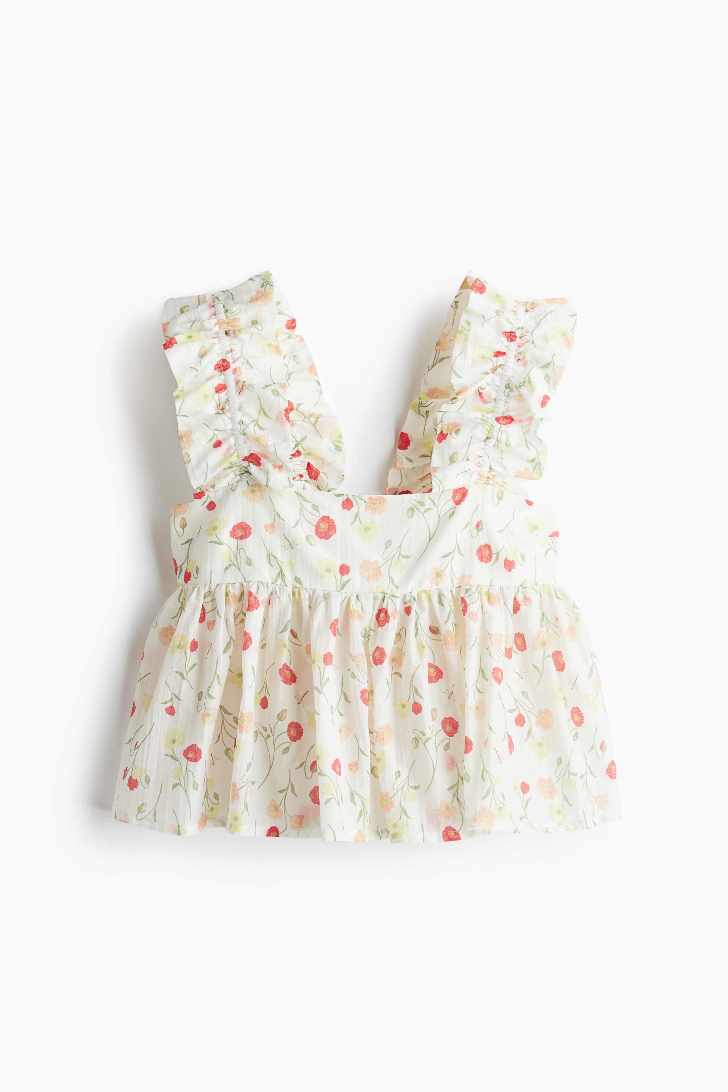 褶飾荷葉浪邊背心上衣 - 白色/花朵