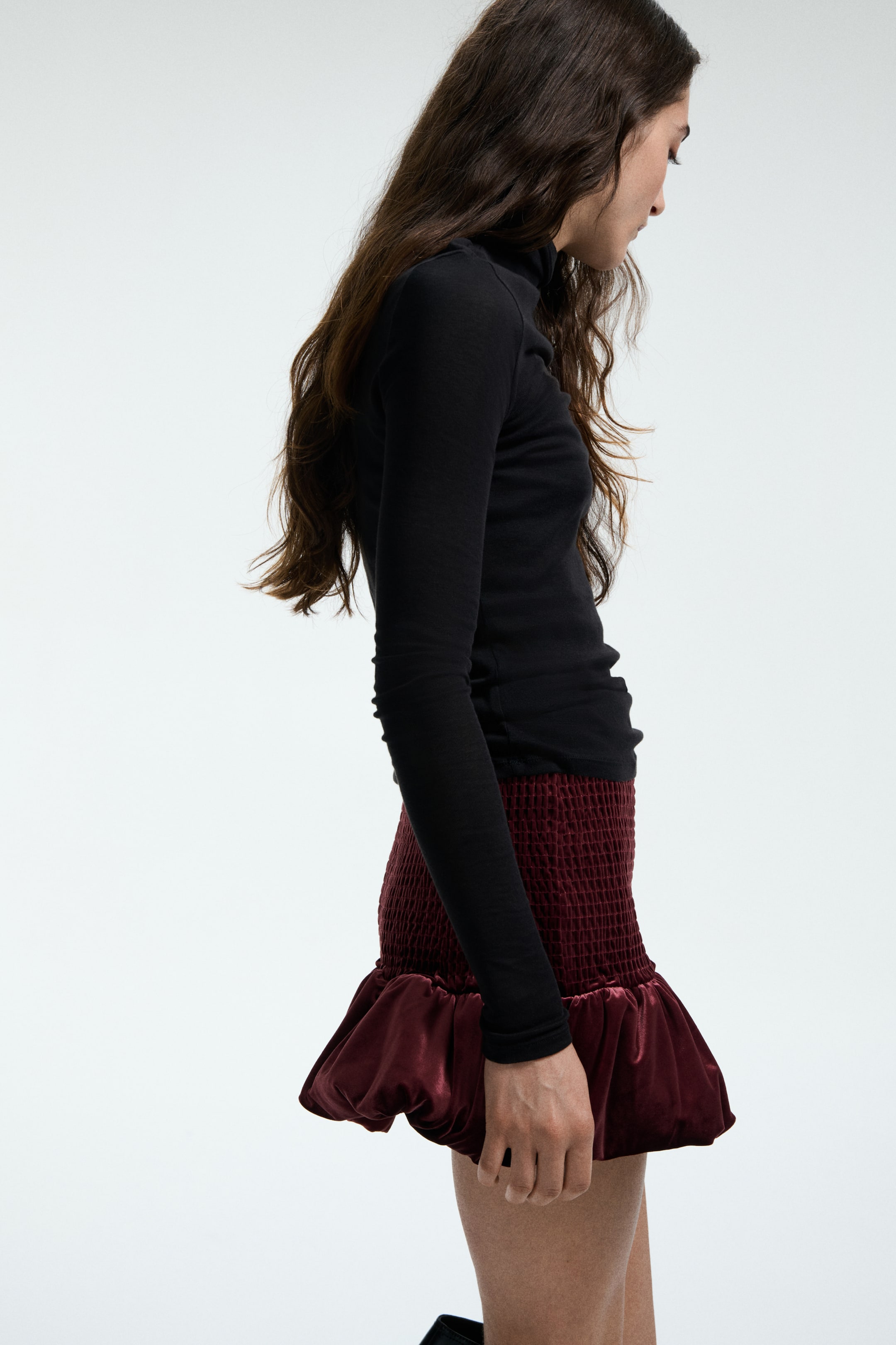 View larger image: Smocked velour skirt - Burgundy - Ladies | H&M US 3