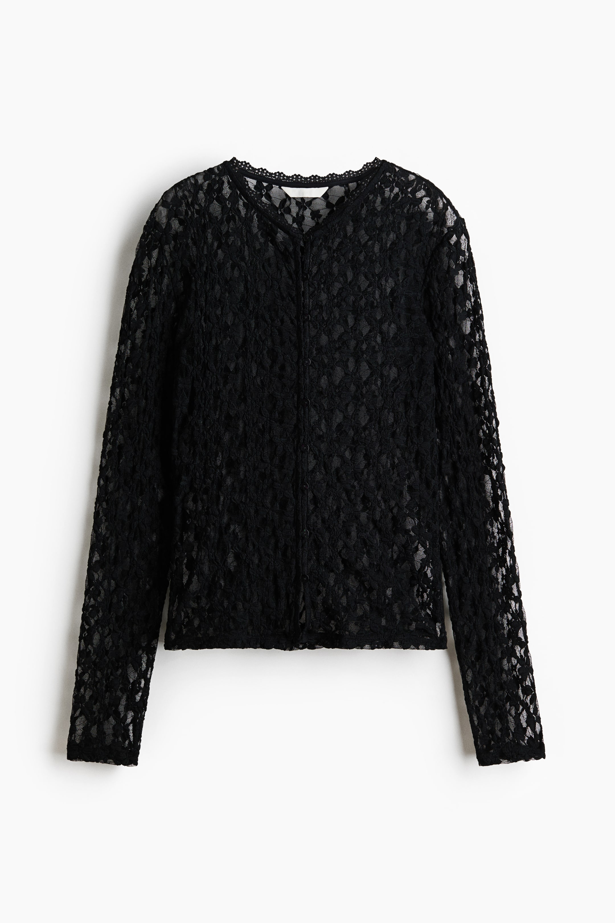 View larger image: A black long-sleeved cardigan showcases its front, crafted from a sheer lace-look jersey fabric. It boasts a V-neckline with a delicate scalloped edge, small buttons running down the centre front, and a straight-cut hem.