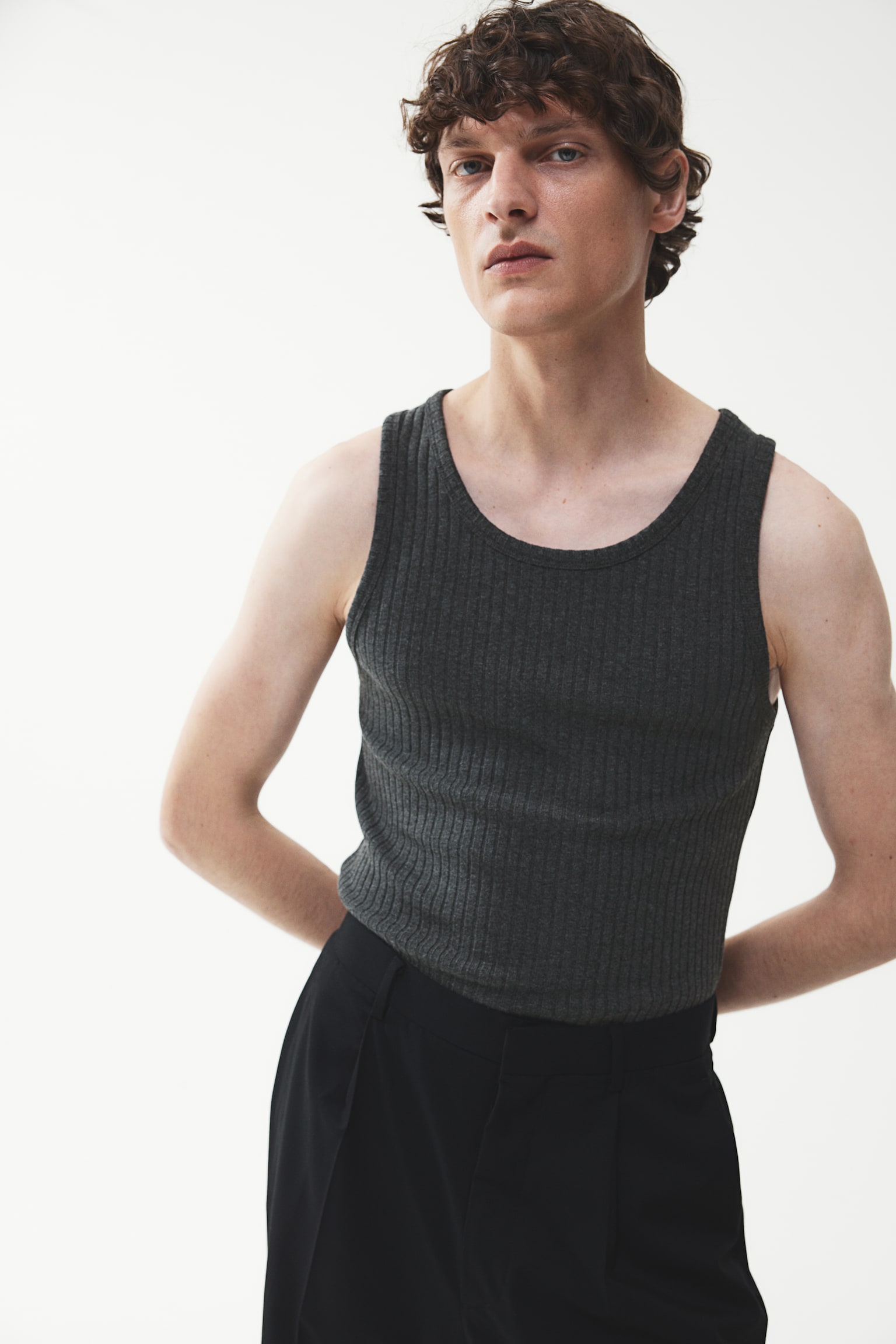 Slim Fit Wide-ribbed vest top - Dark grey marl/Black/Cream - 3