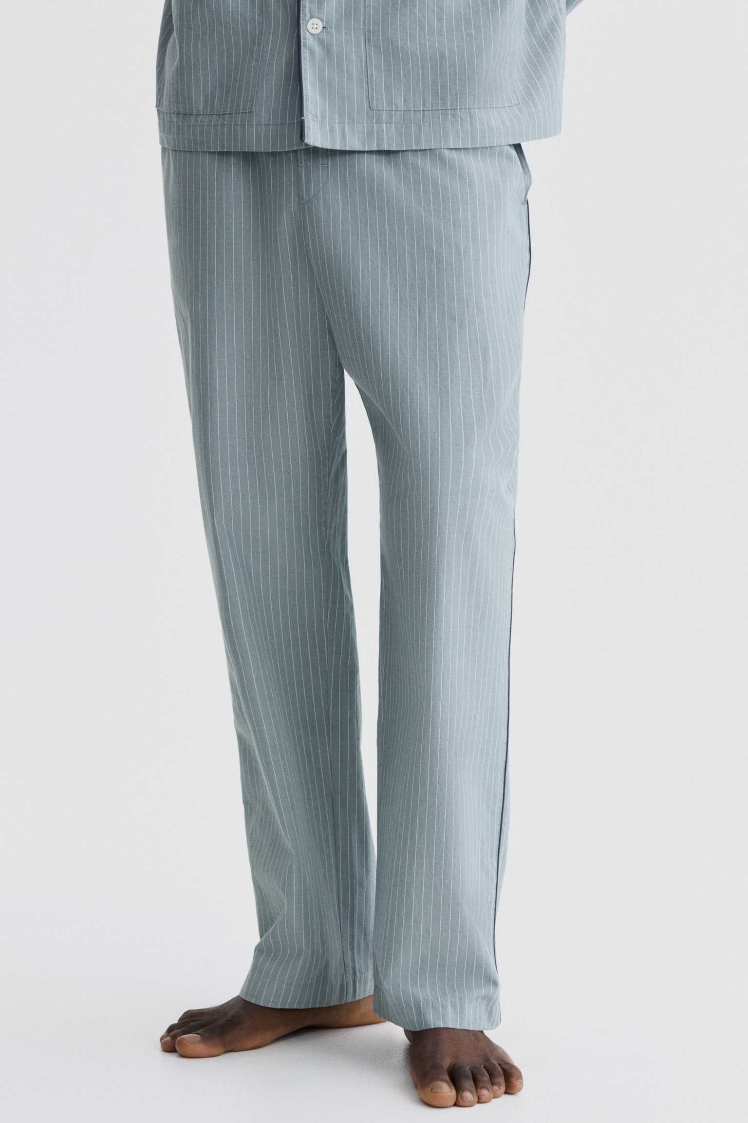 Cotton pyjama shirt and bottoms - Medium dusty green/Striped/Navy blue - 7