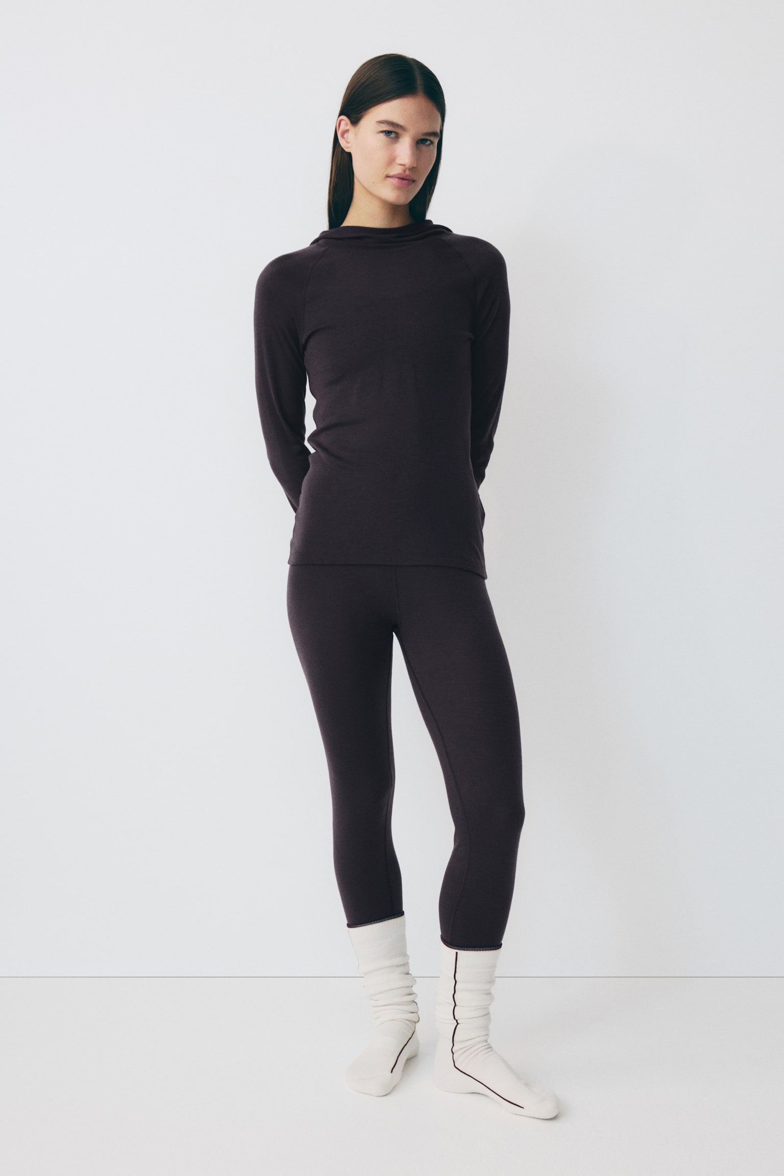 Wool hooded sports top - Aubergine purple/Light beige - 6