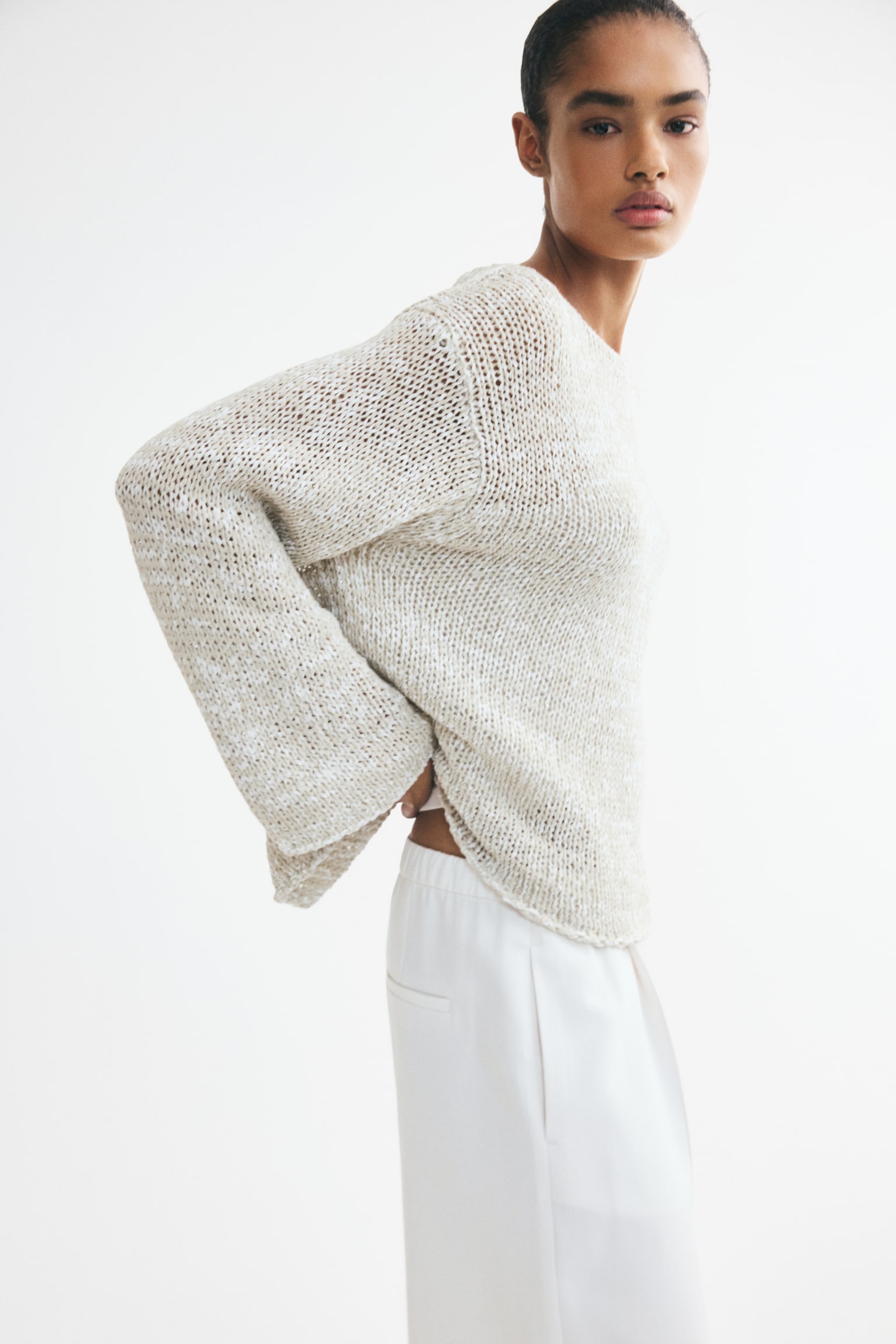 Oversized textured-knit jumper - Light beige marl/Khaki green marl - 1