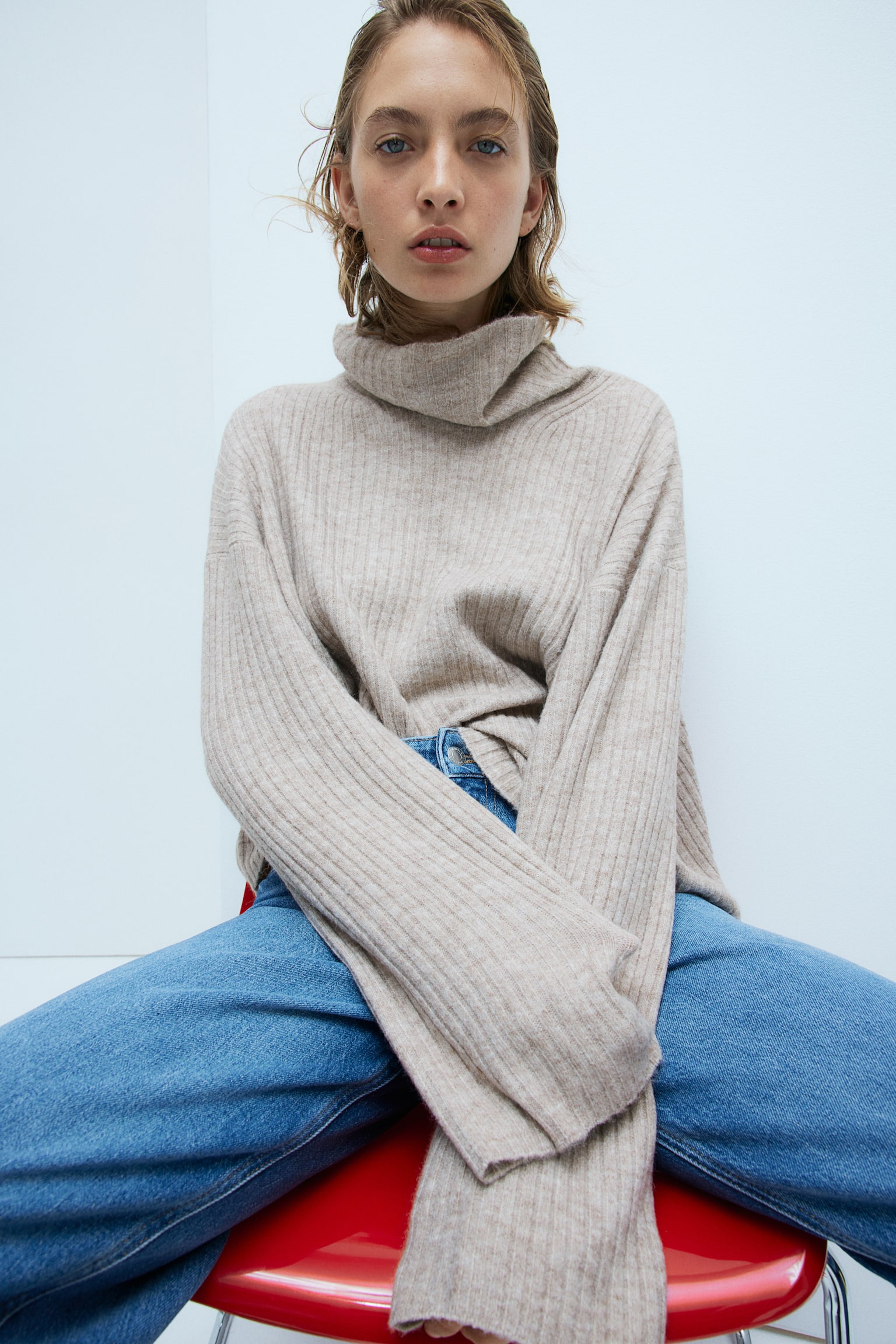 Oversized polo-neck jumper - Light beige marl/Dark grey marl/Cream/Light beige marl/Striped/Natural white/Striped - 1