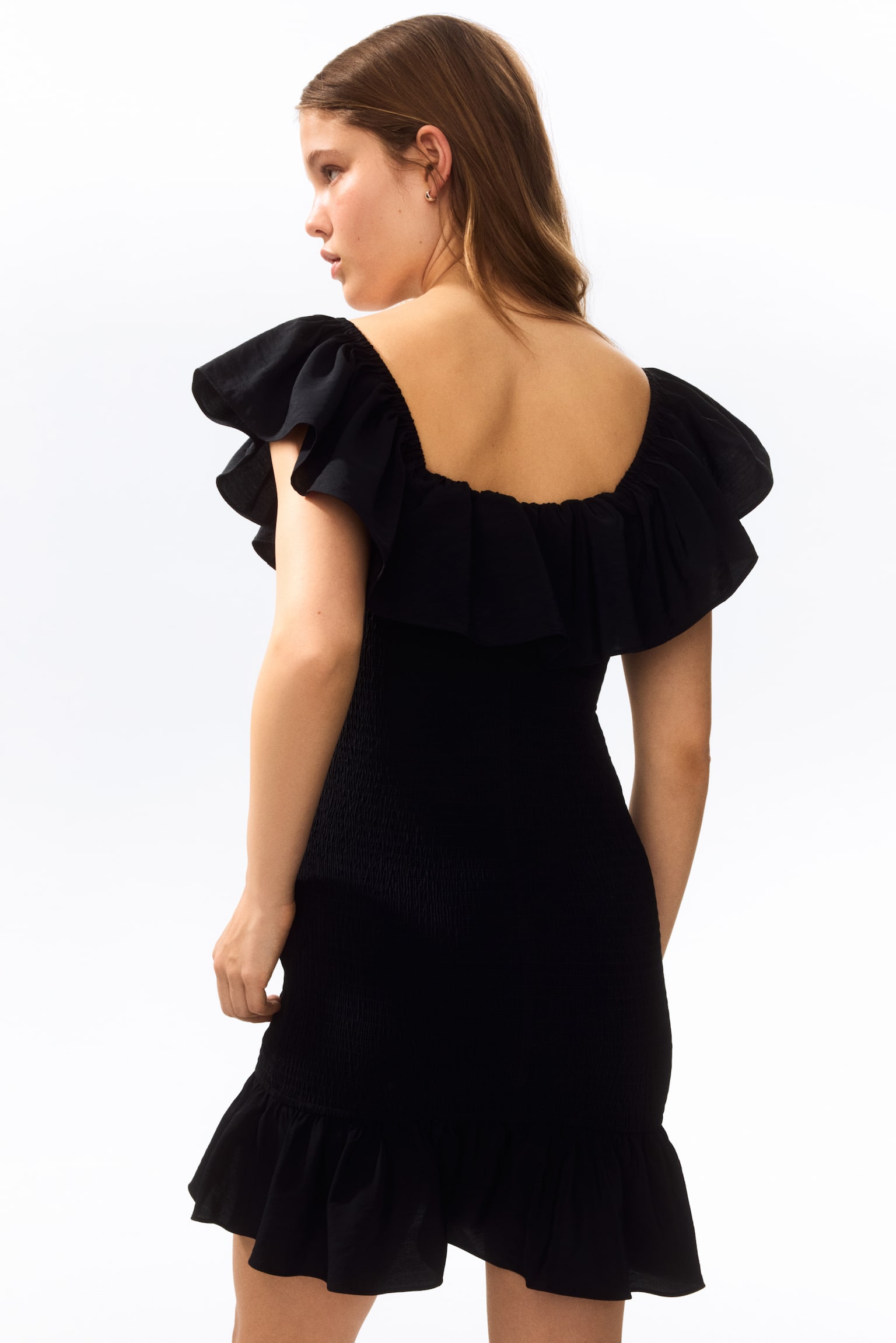 Flounced off-the-shoulder dress - Black/Light purple/Rust brown - 3