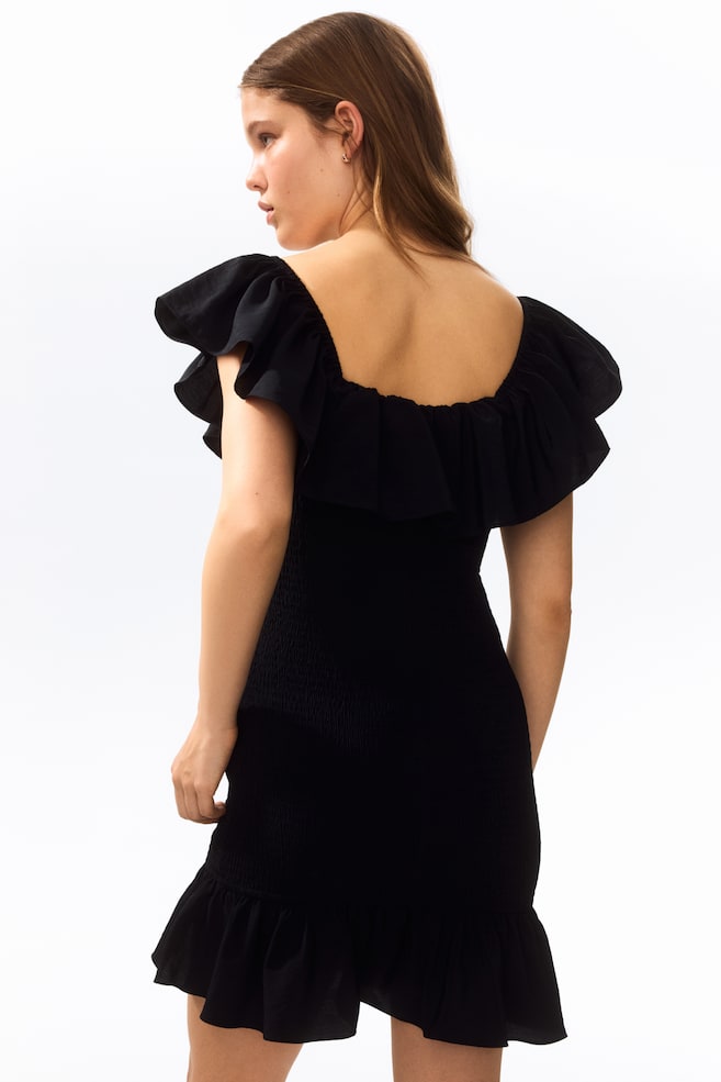 Flounced Off-the-Shoulder Dress - Black/Light purple/Rust brown - 3