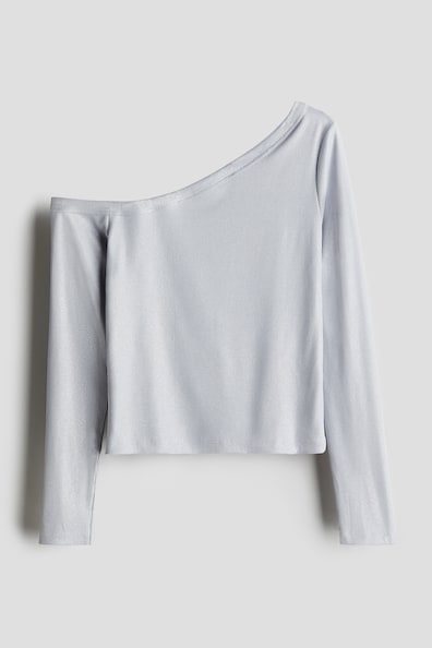 Geripptes One-Shoulder-Shirt - Asymmetrischer Ausschnitt - Langarm 