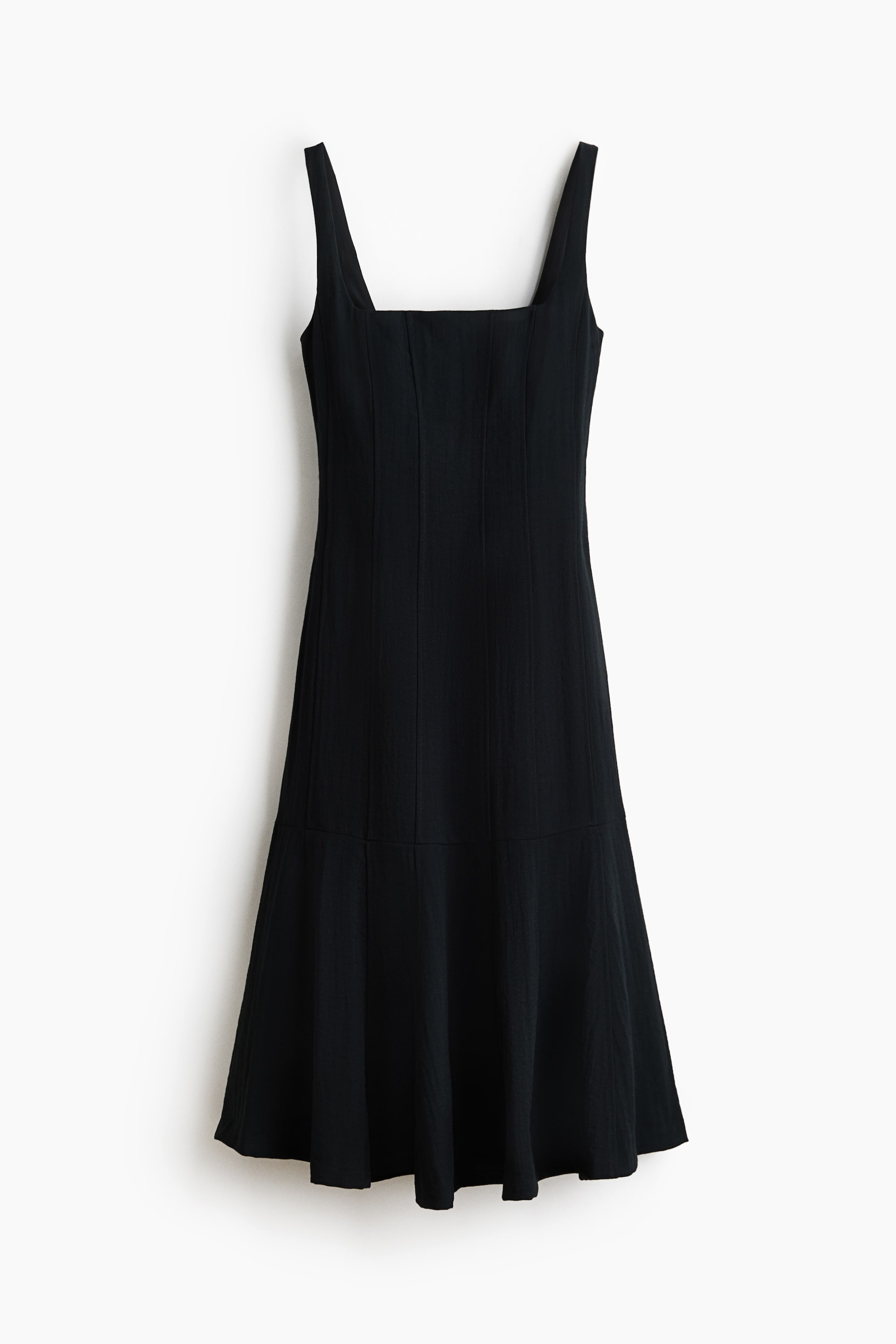 View larger image: A black dress is hanging at the front, showcasing a subtle textured fabric. It features a square neckline with wide shoulder straps, a fitted bodice with vertical seams, and transitions into a flared skirt.