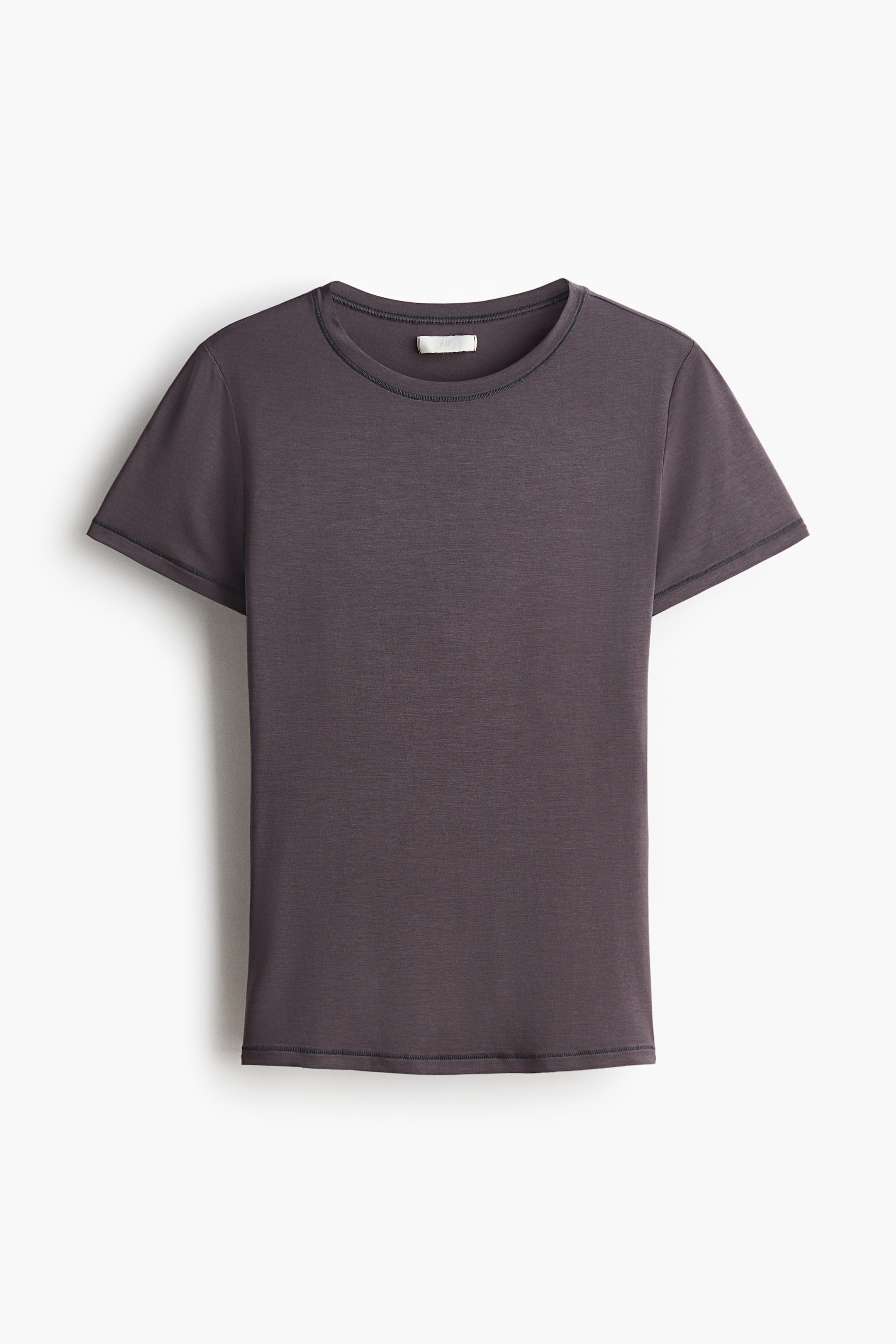 View larger image: A dark gray fitted t-shirt is displayed flat, showcasing its front. It features a round neckline with a narrow trim, short sleeves, and a straight-cut hem, all accented with visible darker stitching.