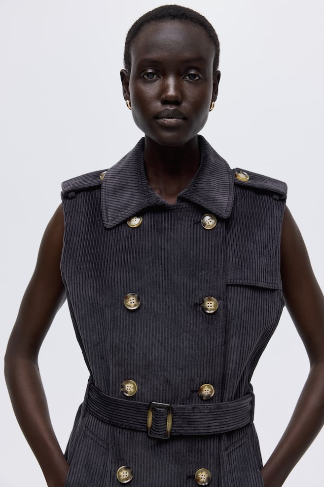 Sleeveless corduroy trench coat - Black - 3