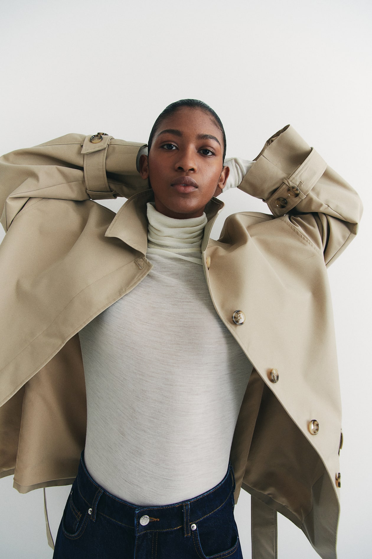 Tie-Belt Twill Jacket Beige Ladies H&M US