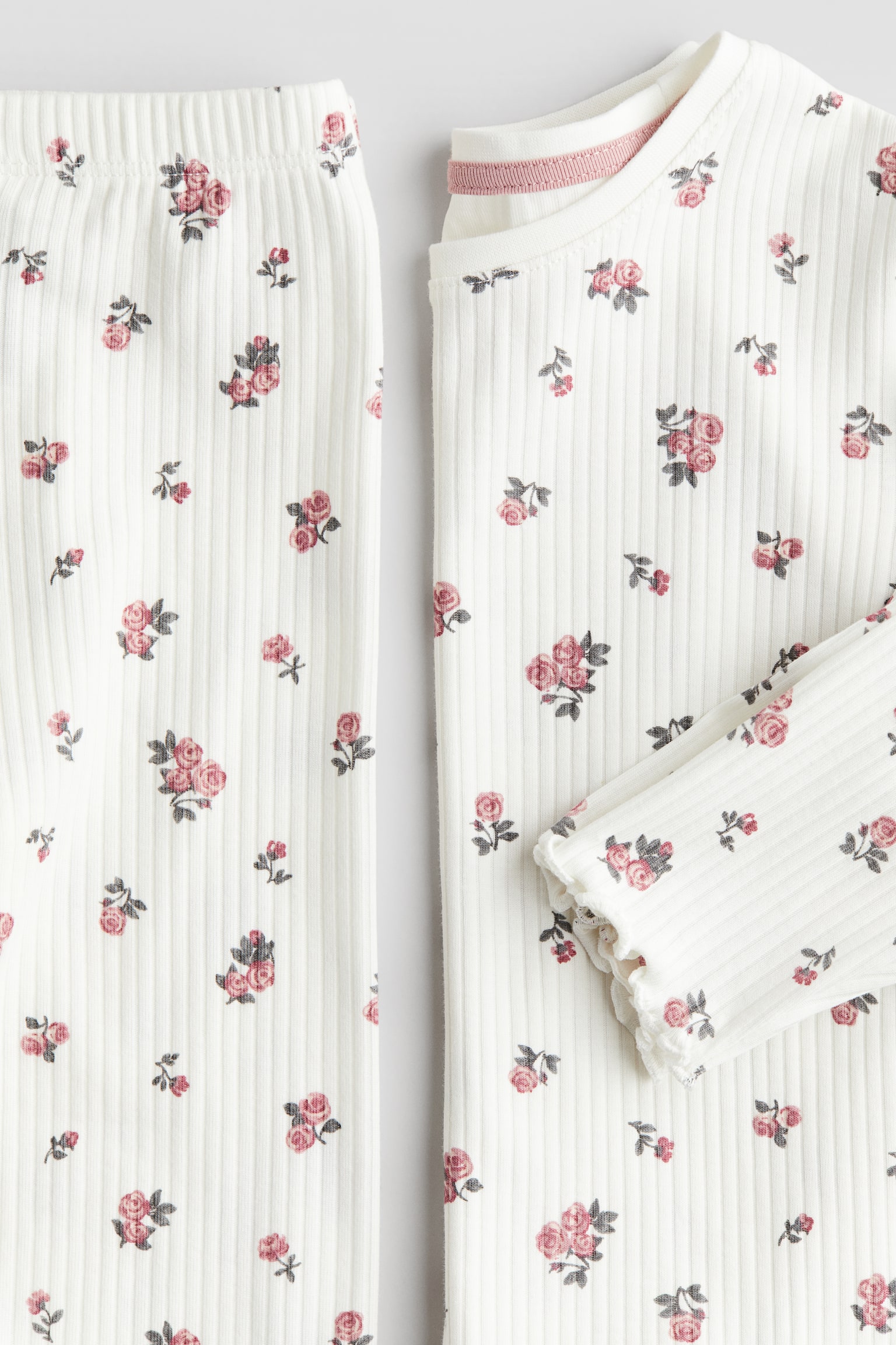 Ribbed cotton pyjamas - White/Floral/Pink - 2