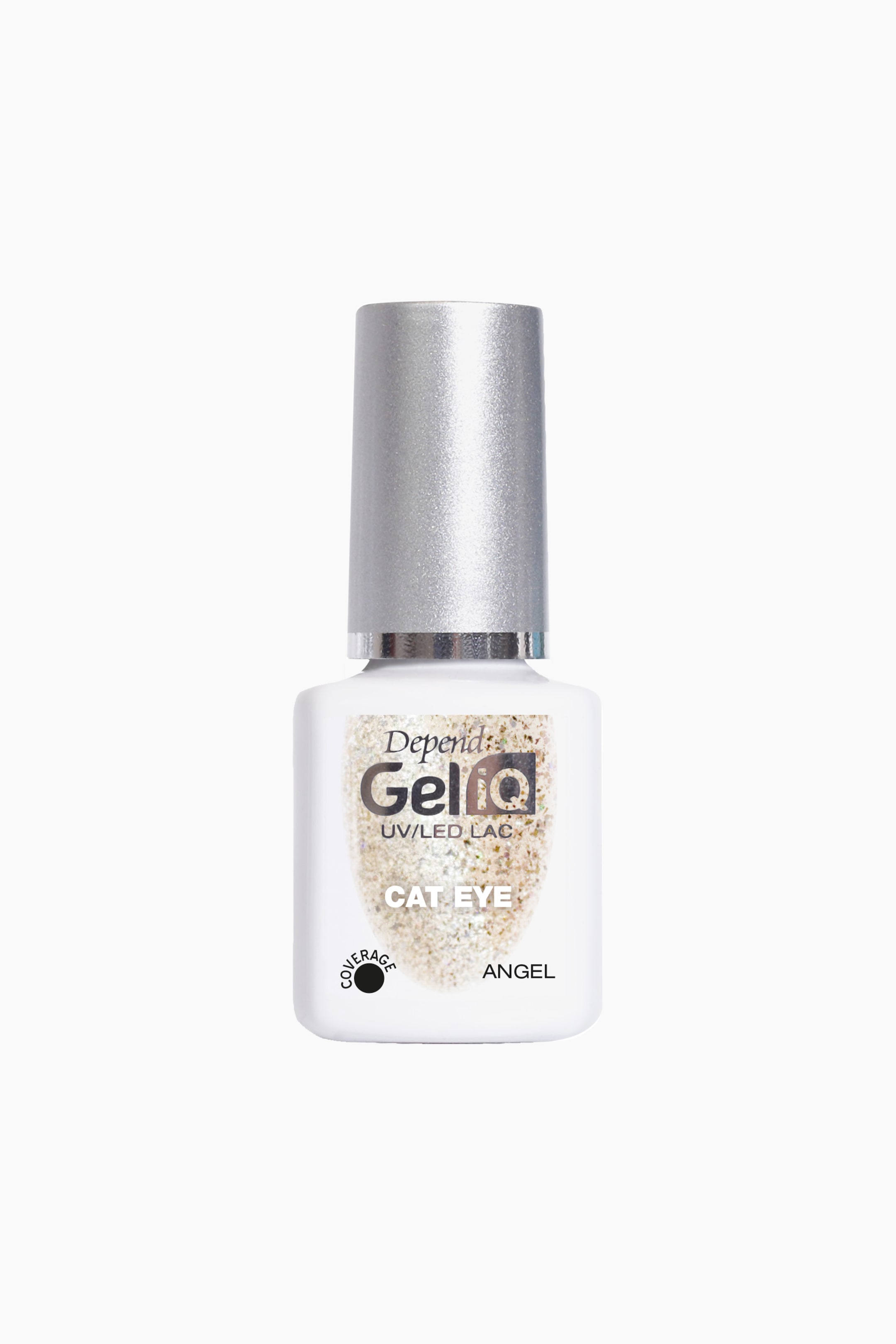 Se større billede: En hvid neglelakflaske står oprejst med en sølvfarvet, glitrende hætte. Flaskens etiket viser "Depend GellQ UV/LED LAC Cat Eye Angel" over en skinnende lys guld katteøje-effekt.