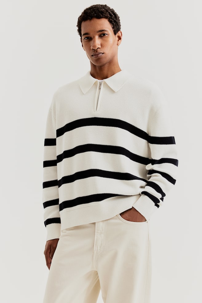 Loose Fit Zip-top polo jumper - White/Dark blue striped/Navy blue/Striped - 3