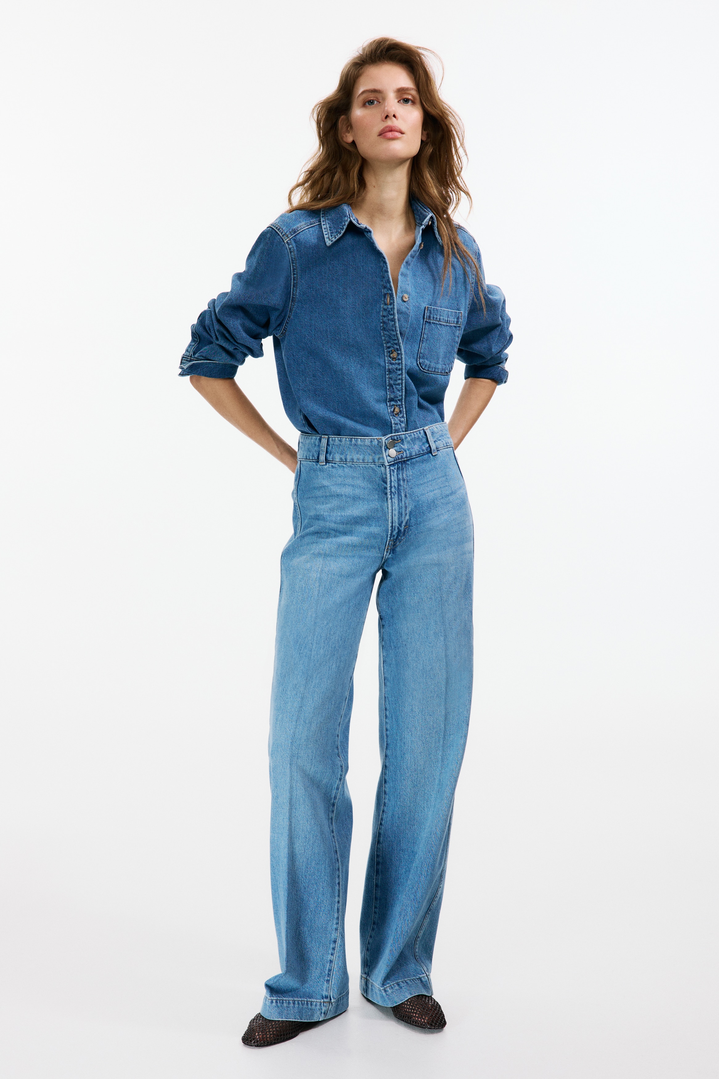 Wide High Waist Jeans - Ανοιχτό μπλε denim/Σκούρο μπλε denim/Μπλε denim/Λευκό