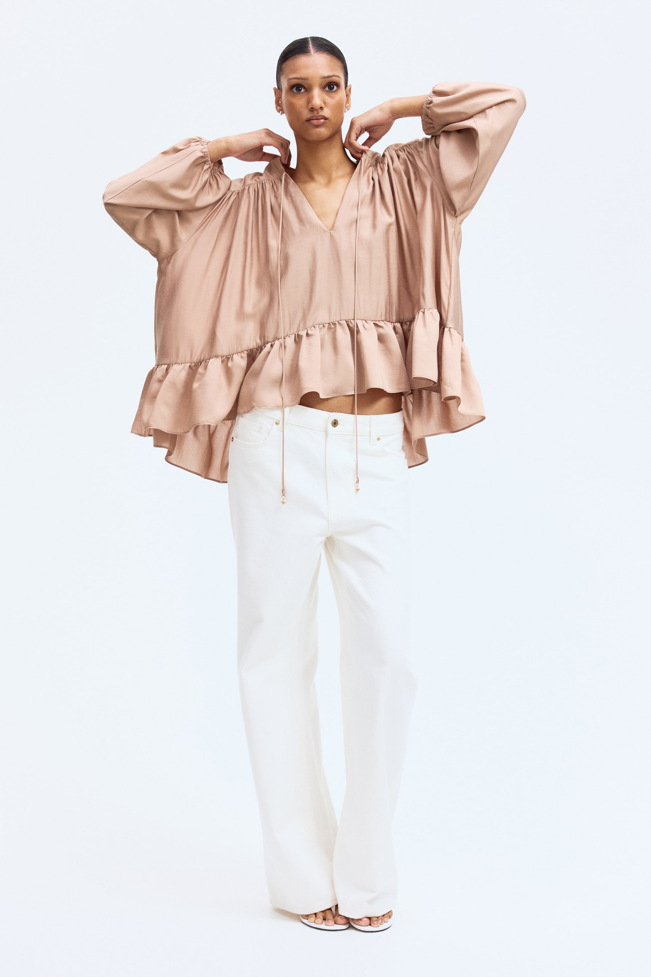 View larger image: Flounce-trimmed blouse - Dark beige - Ladies | H&M IN 1